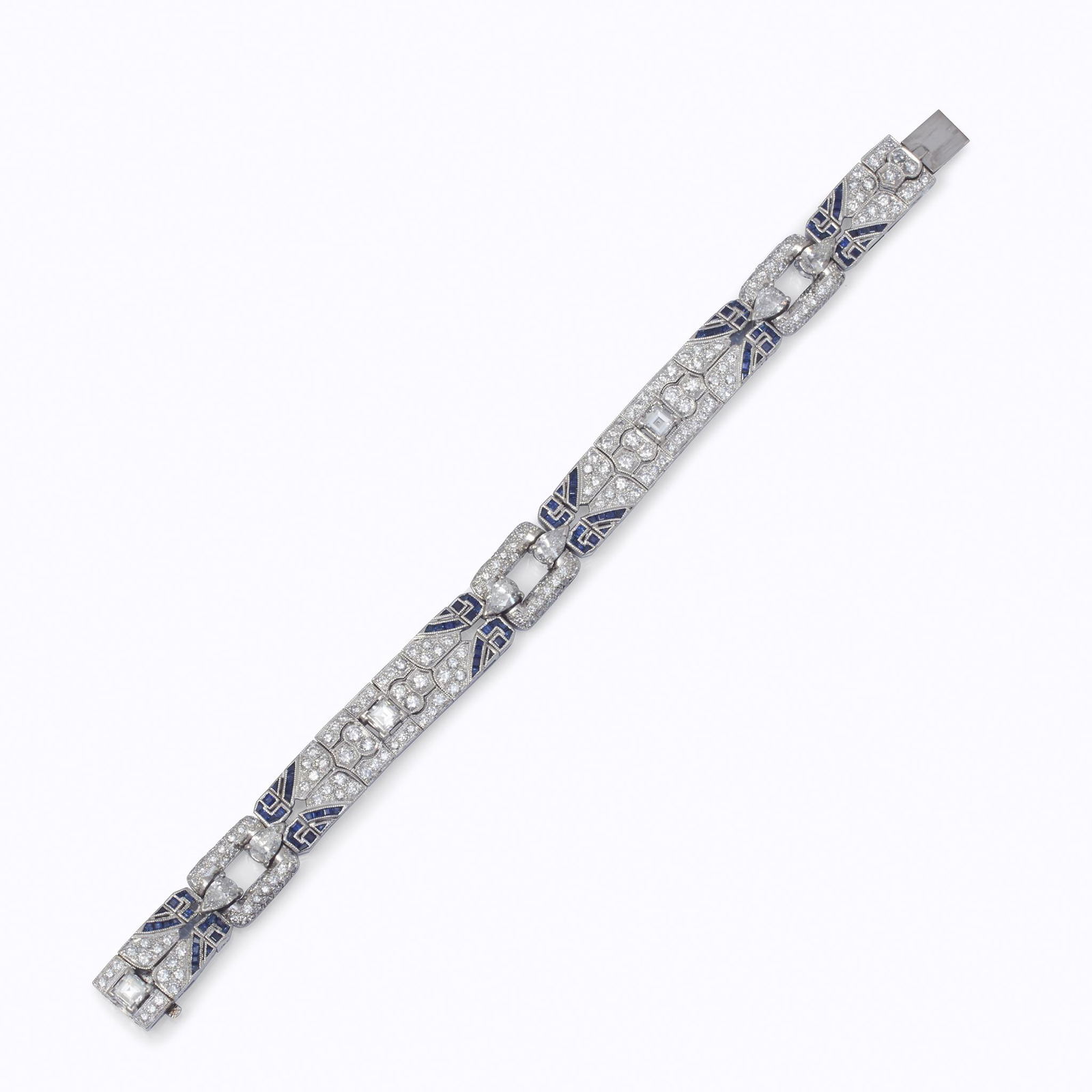 A diamond, sapphire, and platinum strap bracelet, (1 of 2)