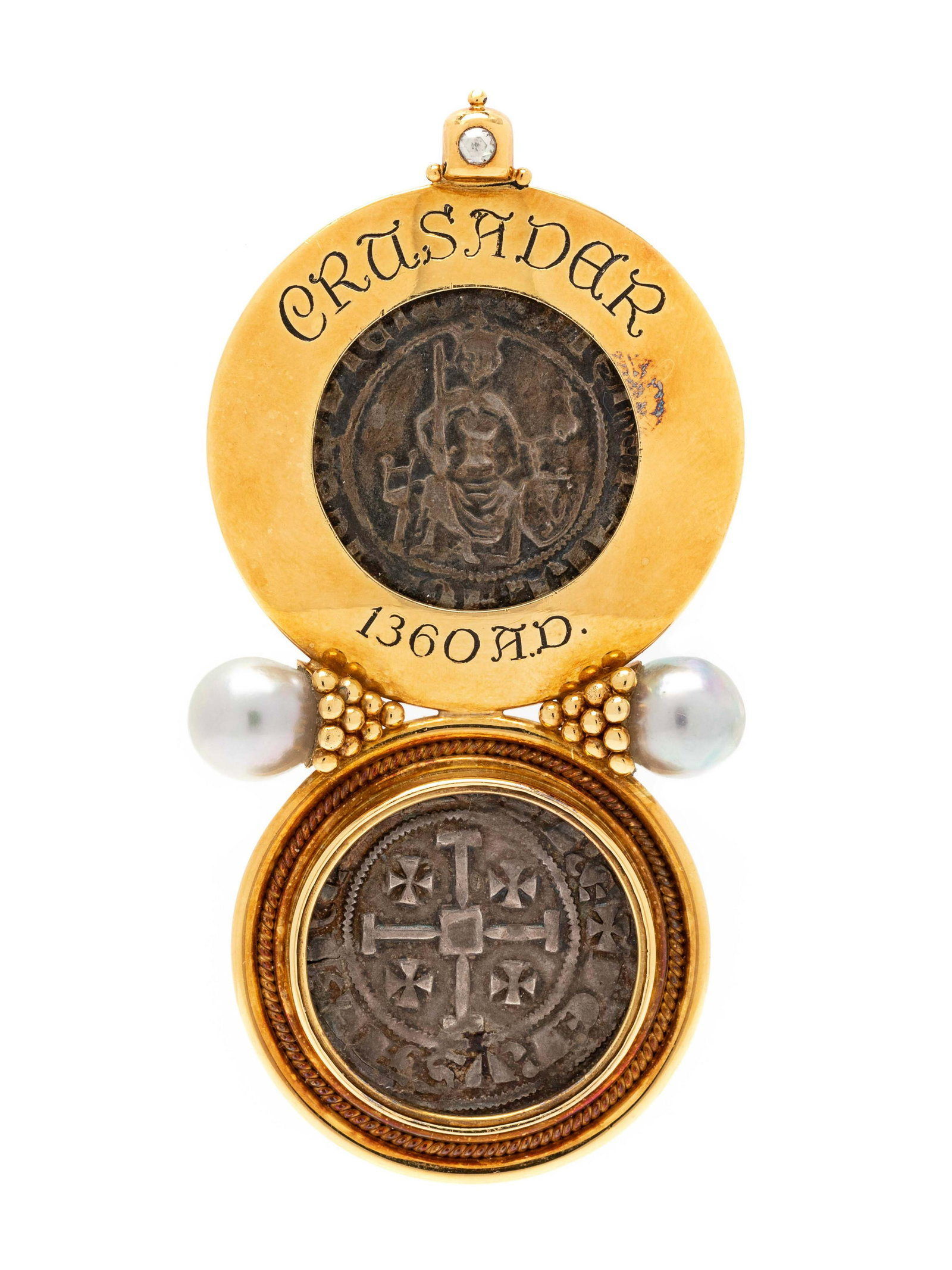 ELIZABETH GAGE, CRUSADER COIN, CULTURED PEARL AND: ELIZABETH GAGE, CRUSADER COIN, CULTURED PEARL AND DIAMOND BROOCH Containing two Crusader coins, two grey Baroque pearls measuring approximately 9.00 mm wide and one rose cut diamond. Stamp: GAGE EG (B