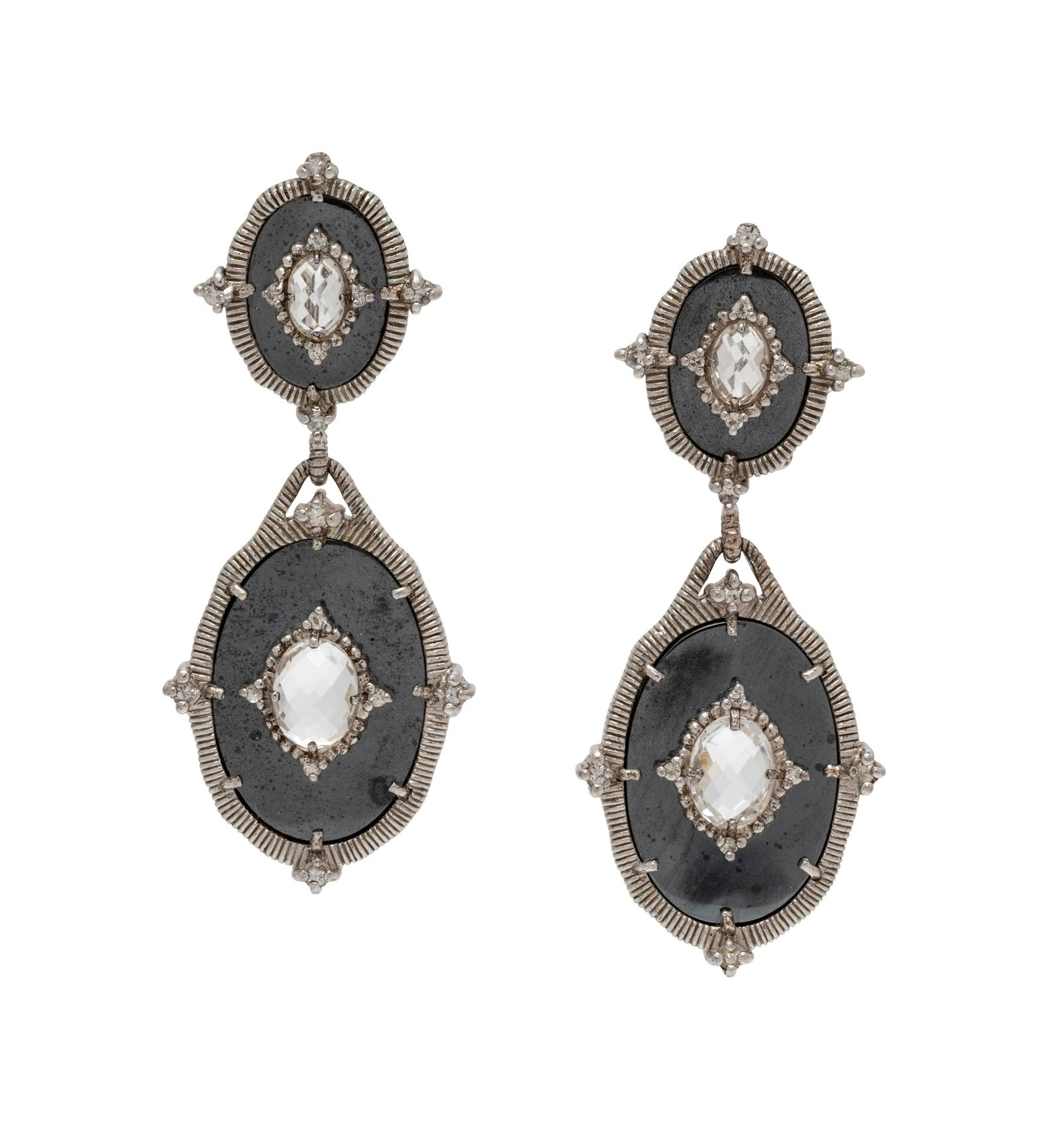 JUDITH RIPKA, HEMATITE AND ROCK CRYSTAL EARCLIPS: JUDITH RIPKA, HEMATITE AND ROCK CRYSTAL EARCLIPS Containing four oval hematite plaques, four oval shape checkerboard cut rock crystal and 32 round brilliant cut diamonds. Stamp: JUDITH RIPKA 18K 925