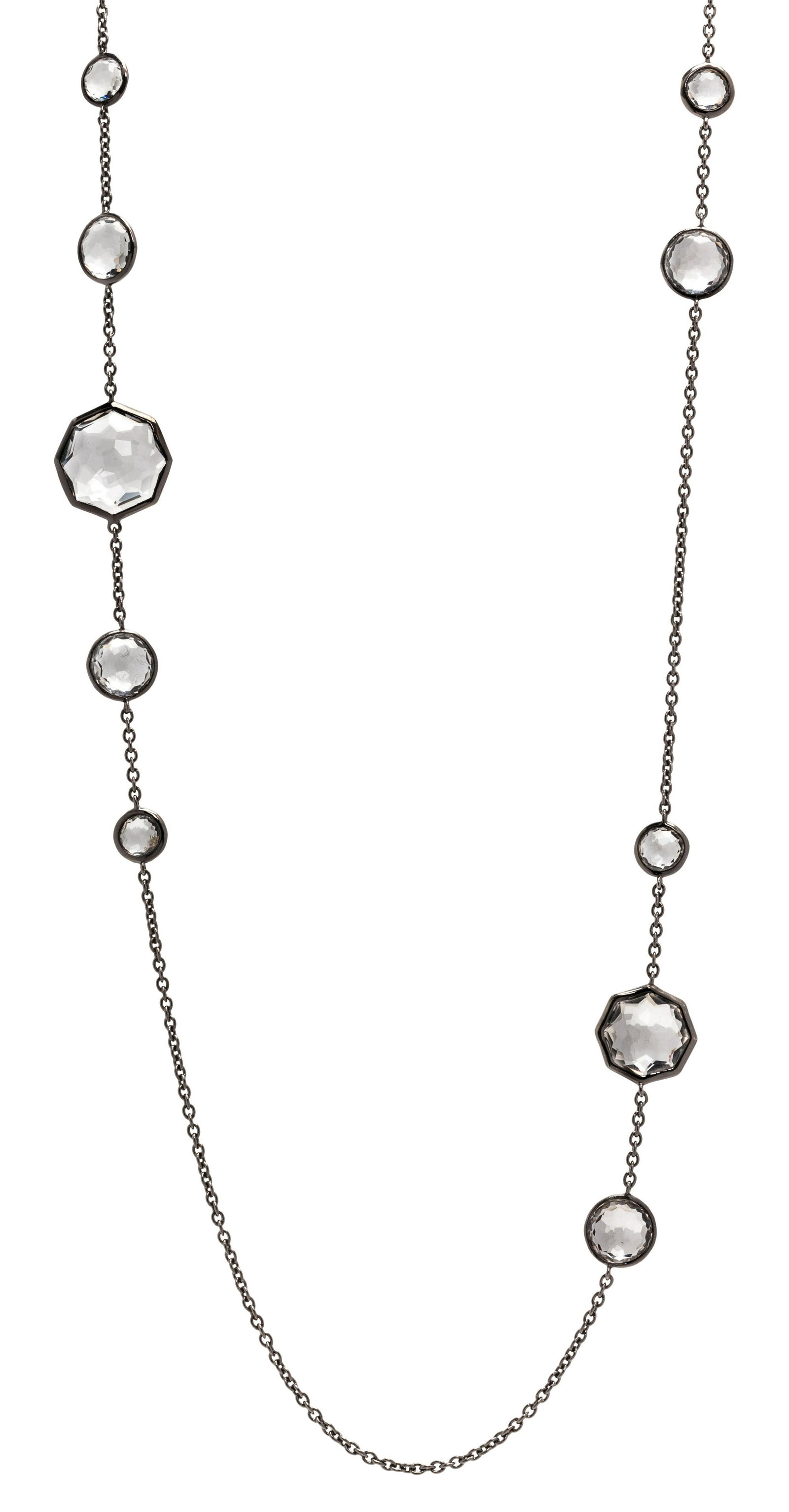 IPPOLITA, 'ROCK CANDY' LONGCHAIN NECKLACE: IPPOLITA, 'ROCK CANDY' LONGCHAIN NECKLACE Consisting of a silver cable link necklace interspersed with faceted rock crystal of various shape and size. Mounted in blackened silver. Stamp: 925 (maker's 