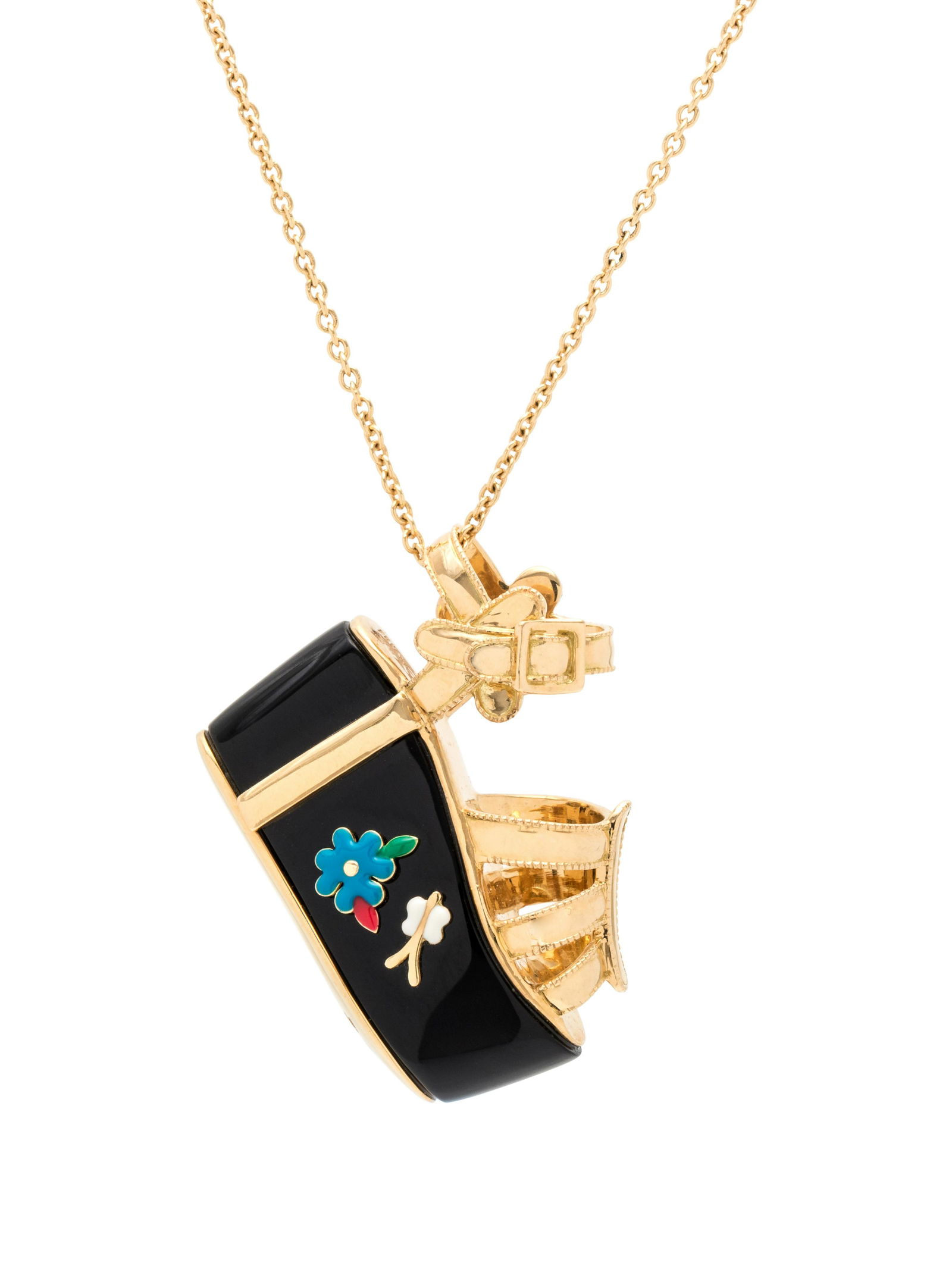 SALVATORE FERRAGAMO, YELLOW GOLD AND ONYX: SALVATORE FERRAGAMO, YELLOW GOLD AND ONYX 'MINIATURE PREZIOSE-BUTTERFLY' PENDANT/NECKLACE Consisting of a pendant depicting Ferragamo's 1938 Butterfly shoe design with onyx sole and enamel detail, sus