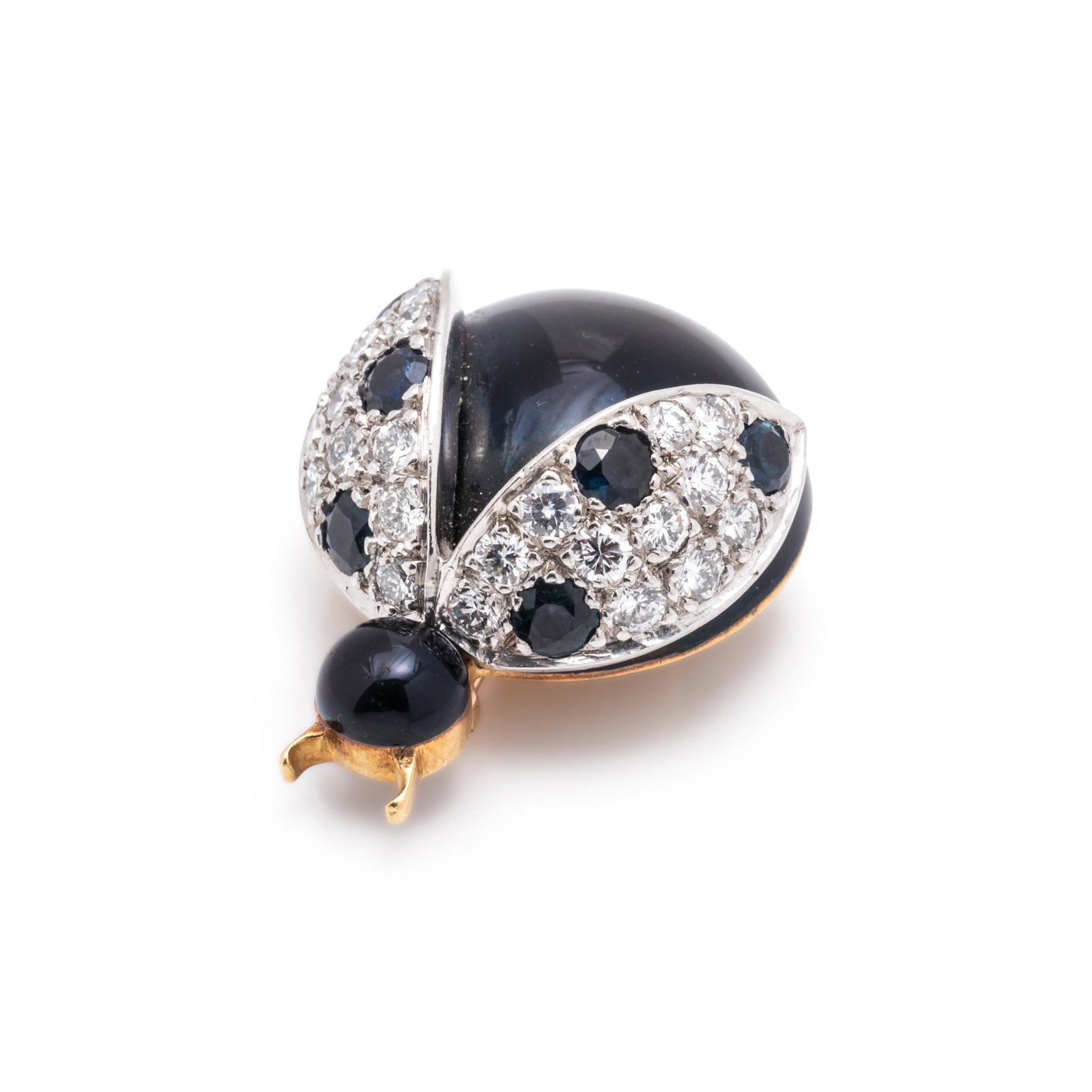 CELLINO, SAPPHIRE, DIAMOND AND ENAMEL BEETLE BROOCH: CELLINO, SAPPHIRE, DIAMOND AND ENAMEL BEETLE BROOCH Containing six round mixed cut sapphires measuring approximately 2.80 mm in diameter and 22 round brilliant cut diamonds weighing approximately 0.55