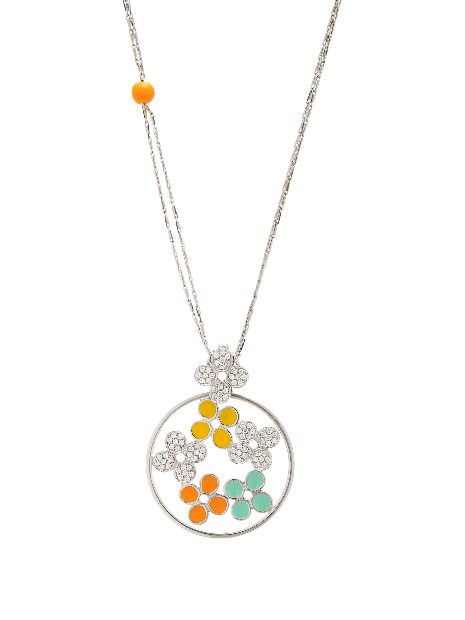 ROBERTO COIN, DIAMOND AND ENAMEL PENDANT/NECKLACE: ROBERTO COIN, DIAMOND AND ENAMEL PENDANT/NECKLACE Consisting of a flower motif round pendant with containing 84 round brilliant cut diamonds weighing approximately 0.65 carat total, with blue, yellow