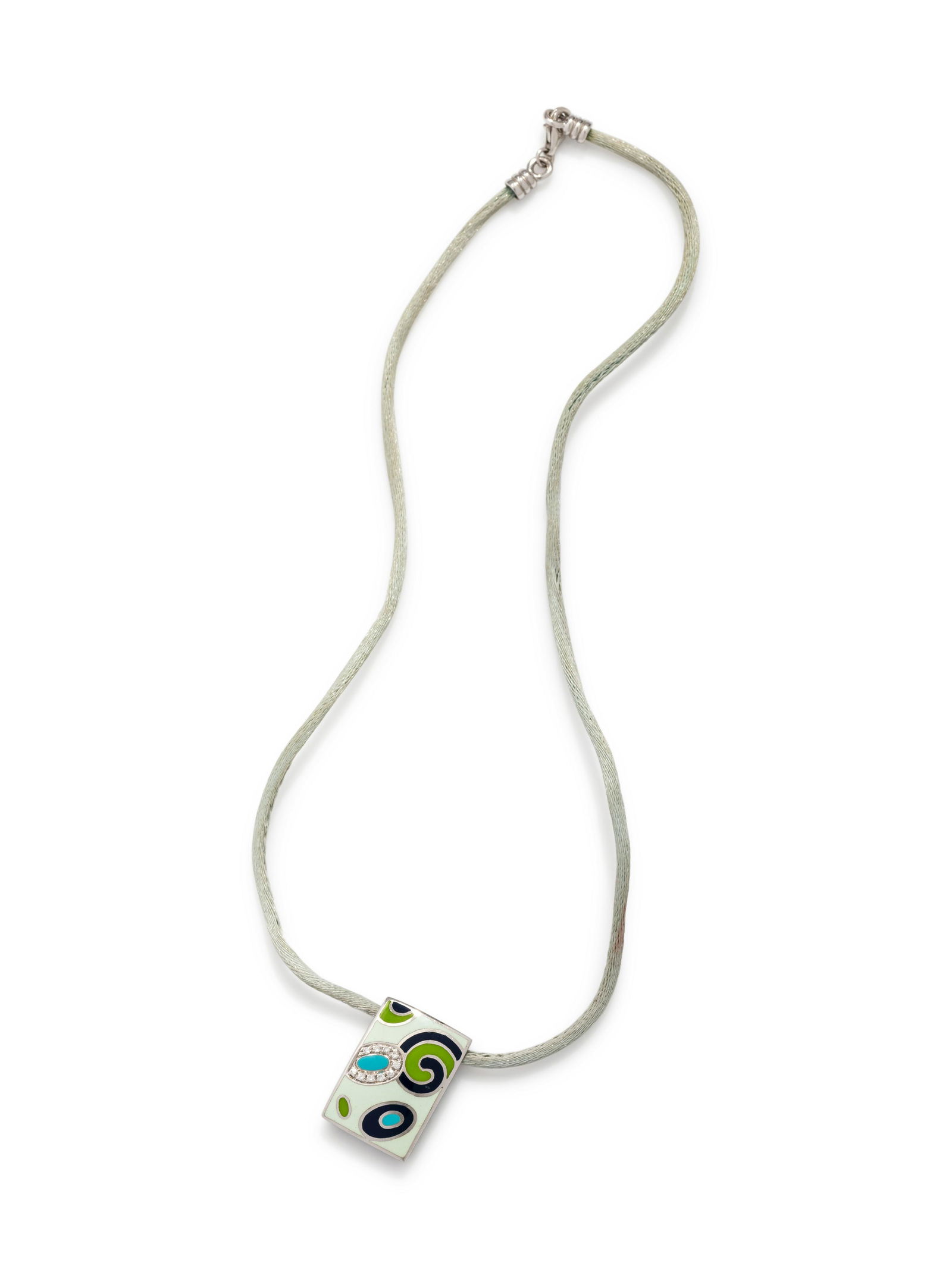 ROBERTO COIN, ENAMEL AND DIAMOND PENDANT/NECKLACE: ROBERTO COIN, ENAMEL AND DIAMOND PENDANT/NECKLACE Consisting of a slide pendant with shades of blue and green enamel and 10 round brilliant cut diamonds weighing approximately 0.08 carat total, suspen