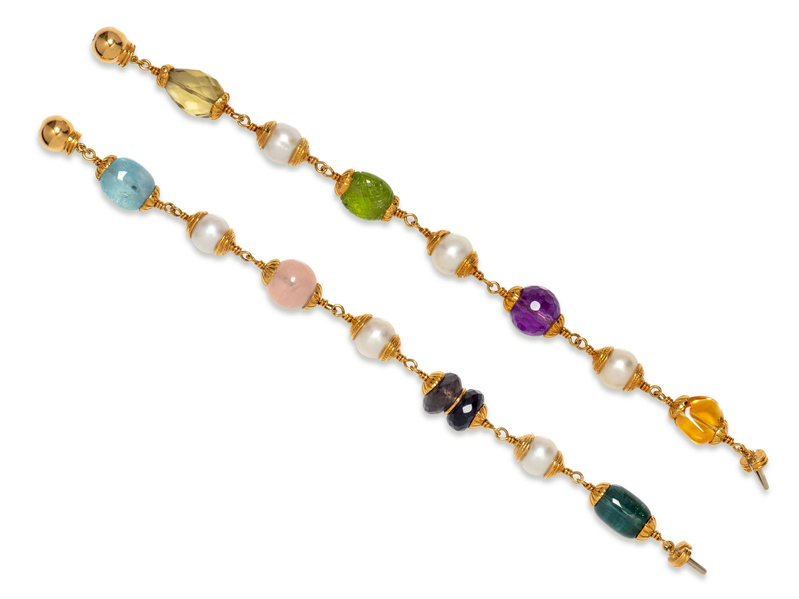SEAMAN SCHEPPS, COLLECTION OF 'BAROQUE' GEMSTONE: SEAMAN SCHEPPS, COLLECTION OF 'BAROQUE' GEMSTONE BRACELETS Consisting of two wire link bracelets containing aquamarine, cultured pearl, rose quartz, amethyst, labradorite, citrine, peridot and quartz