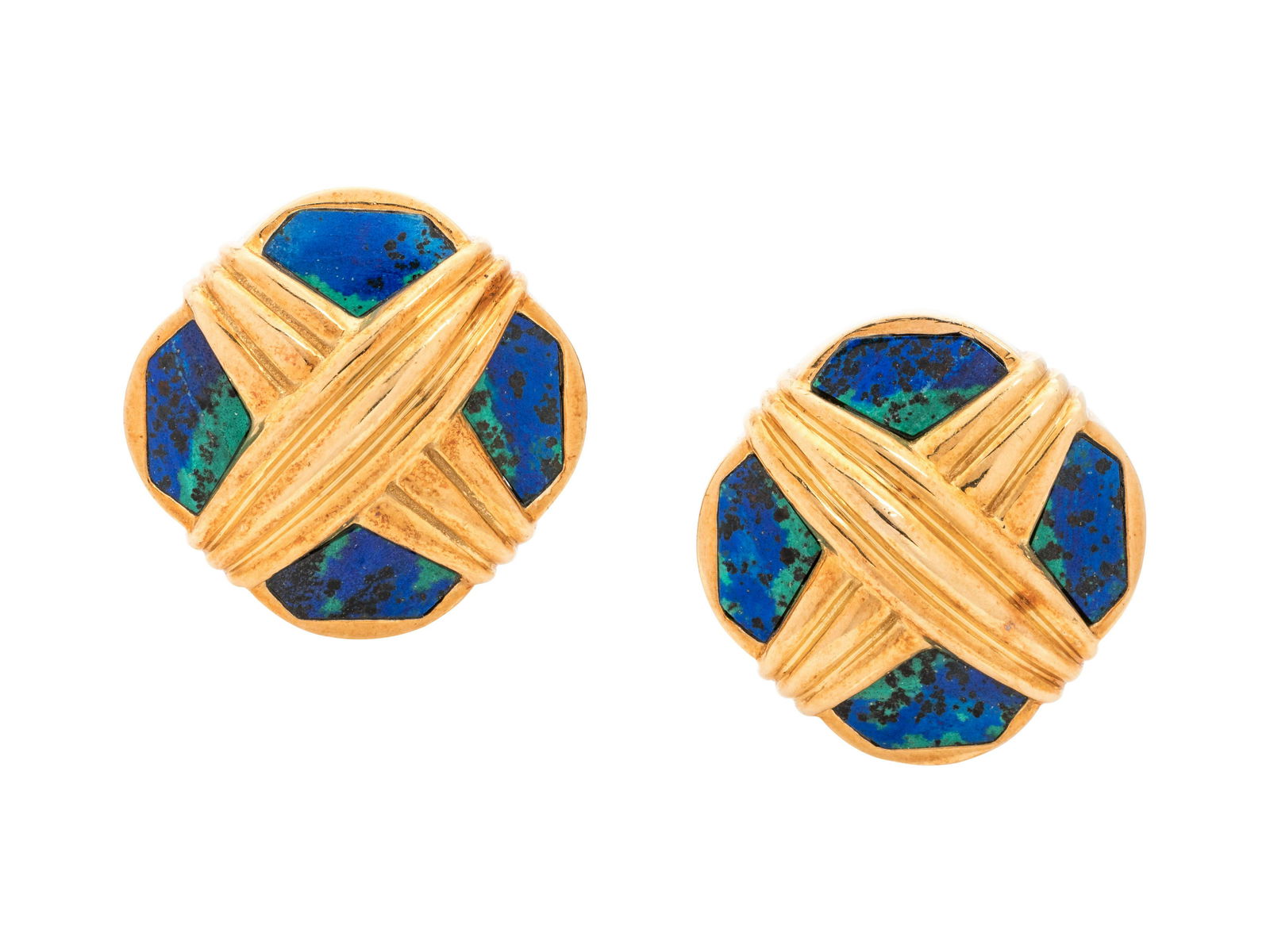 DAVID WEBB, AZURMALACHITE EARCLIPS: DAVID WEBB, AZURMALACHITE EARCLIPS Consisting of yellow gold ribbed X motifs and geometric shape azurmalachite plaques. Stamp: WEBB 18K. 17.10 dwt. Accompanied by a David Webb box. Property from a Tex