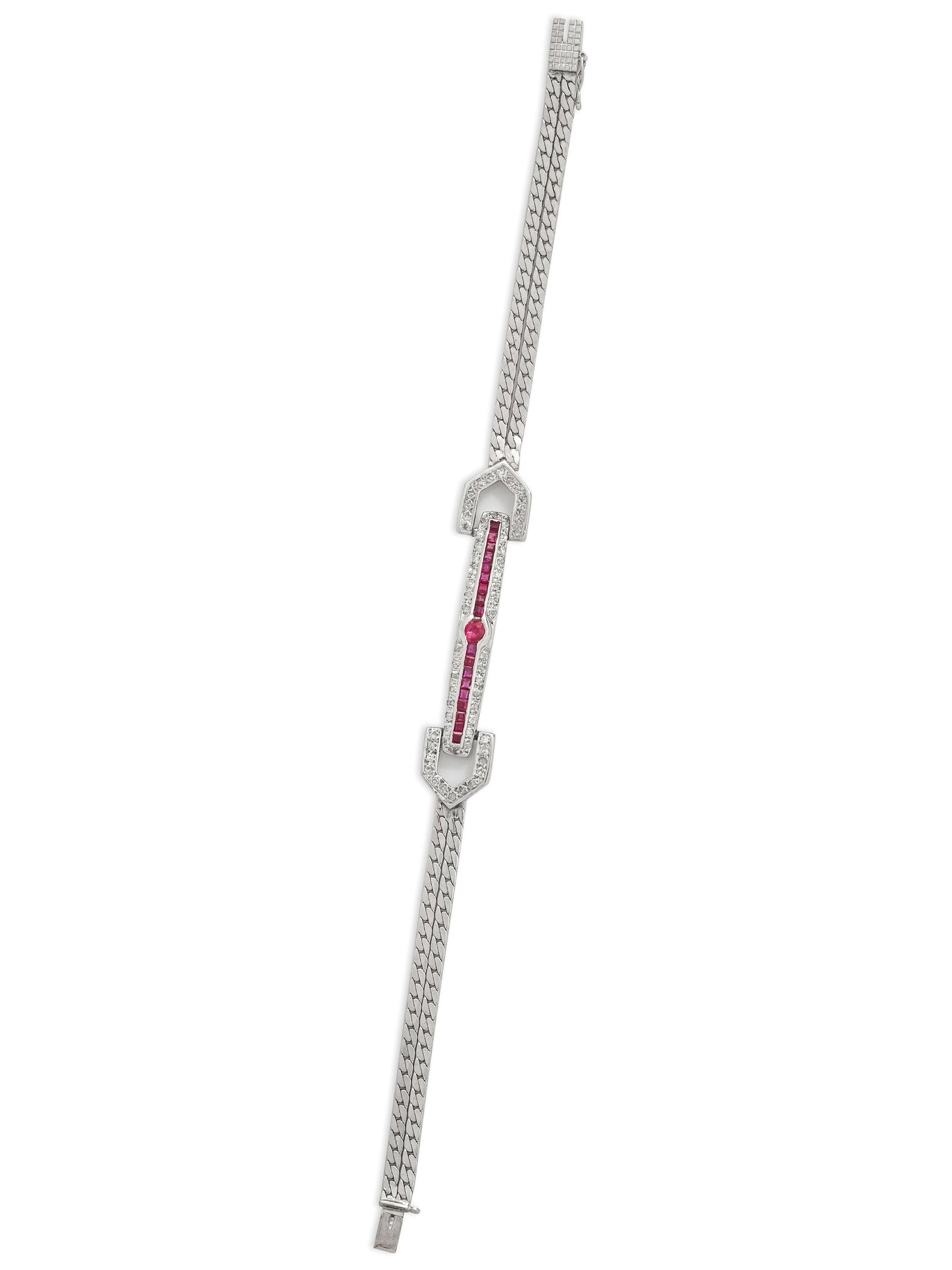 WHITE GOLD, RUBY AND DIAMOND BRACELET: WHITE GOLD, RUBY AND DIAMOND BRACELET Consisting of two herringbone chains with center section containing one round mixed cut ruby measuring approximately 3.30 mm in diameter, 18 square step cut rubie
