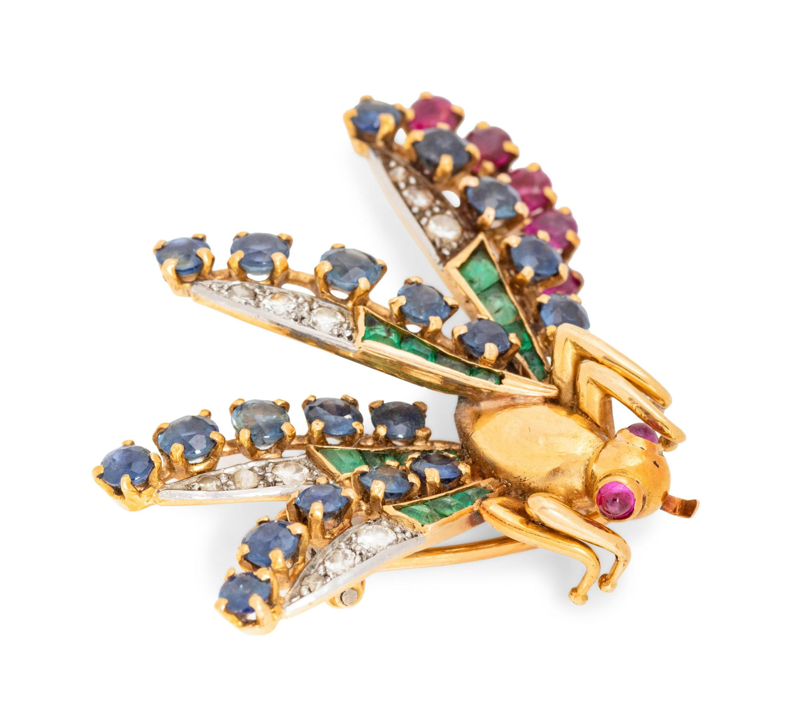 YELLOW GOLD, DIAMOND AND MULTIGEM DRAGONFLY BROOCH: YELLOW GOLD, DIAMOND AND MULTIGEM DRAGONFLY BROOCH Containing 12 round brilliant and single cut diamonds, 20 round mixed cut sapphires, 15 step cut emeralds, five round mixed cut rubies and two round