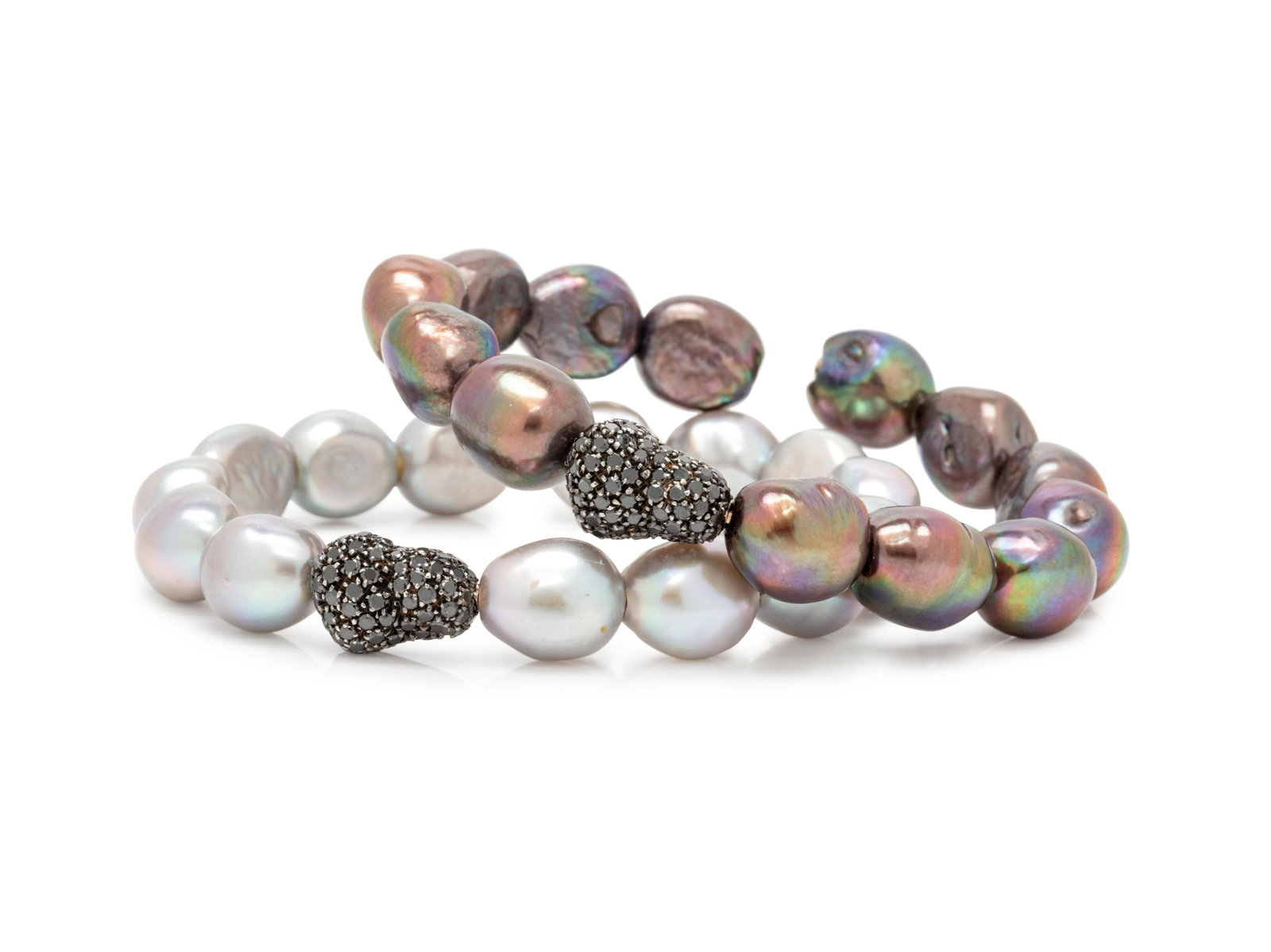 PAIR OF CULTURED TAHITIAN PEARL AND BLACK DIAMOND: PAIR OF CULTURED TAHITIAN PEARL AND BLACK DIAMOND BANGLE BRACELETS Consisting of one bangle containing 14 light grey pearls measuring approximately 10.00 x 12.00 mm and one white gold bead containing 
