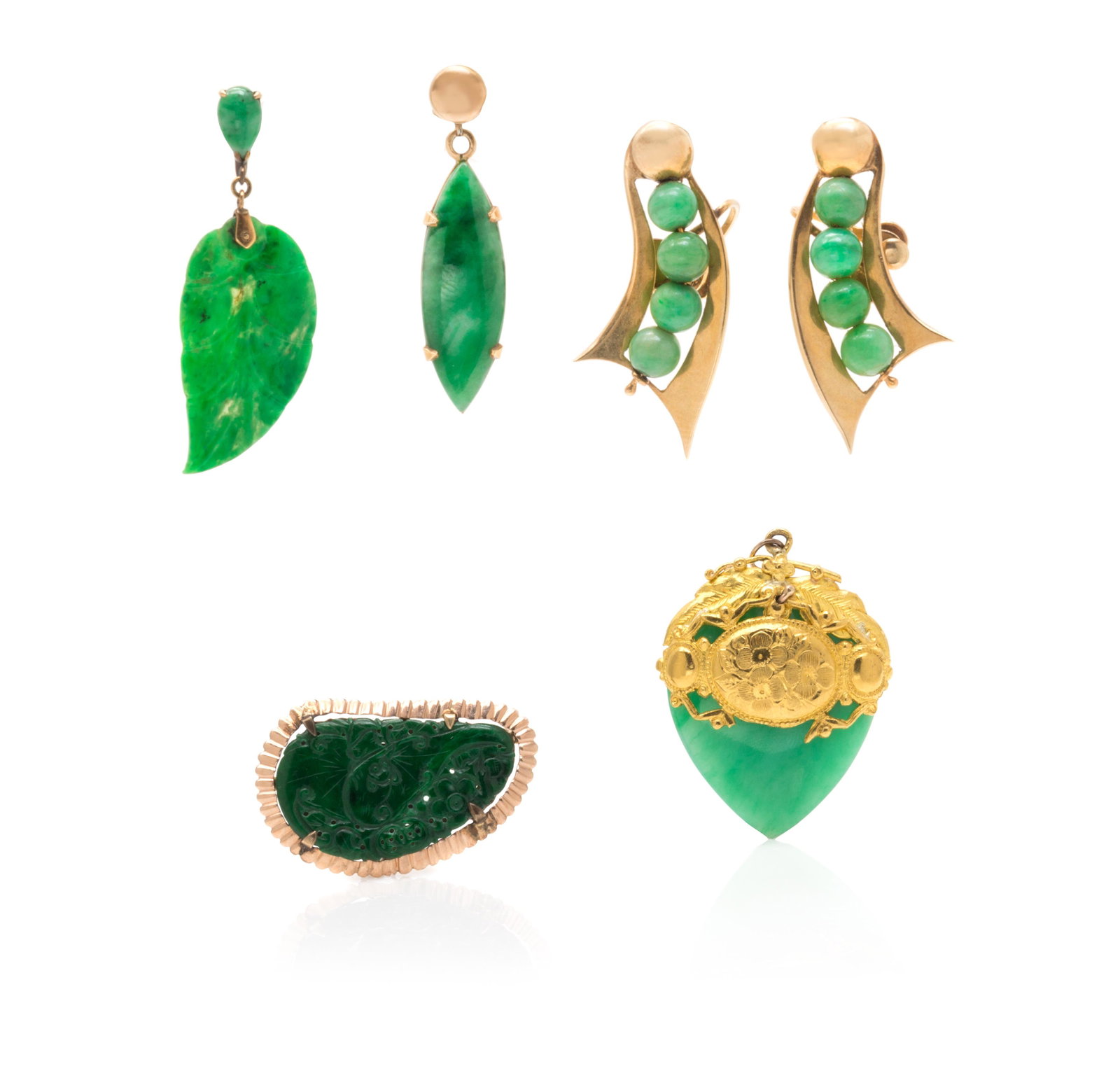 GOLD AND JADEITE JADE JEWELRY: GOLD AND JADEITE JADE JEWELRY Consisting of a floral motif pendant containing one carved jade, a pair of 14 karat gold screw back earrings containing eight round jadeite jade beads measuring approxima