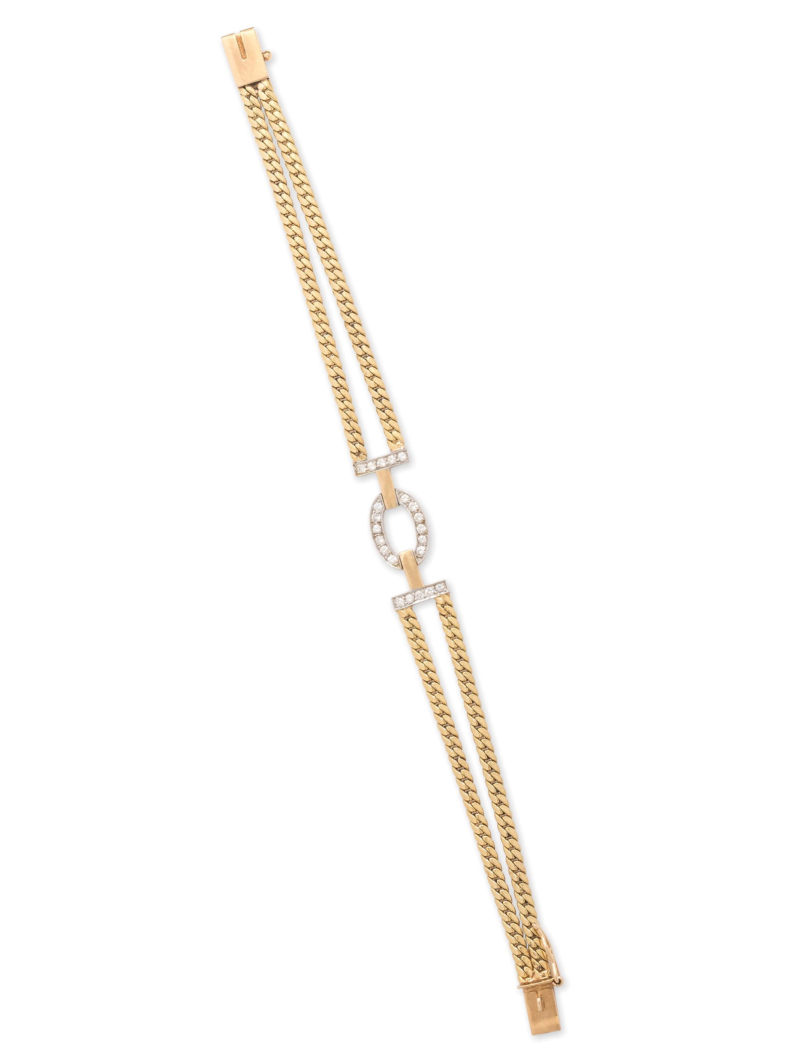 BICOLOR GOLD AND DIAMOND BRACELET: BICOLOR GOLD AND DIAMOND BRACELET Consisting of two curb link chains with center section containing 22 round brilliant cut diamonds weighing approximately 0.20 carat total. 7.95 dwt.