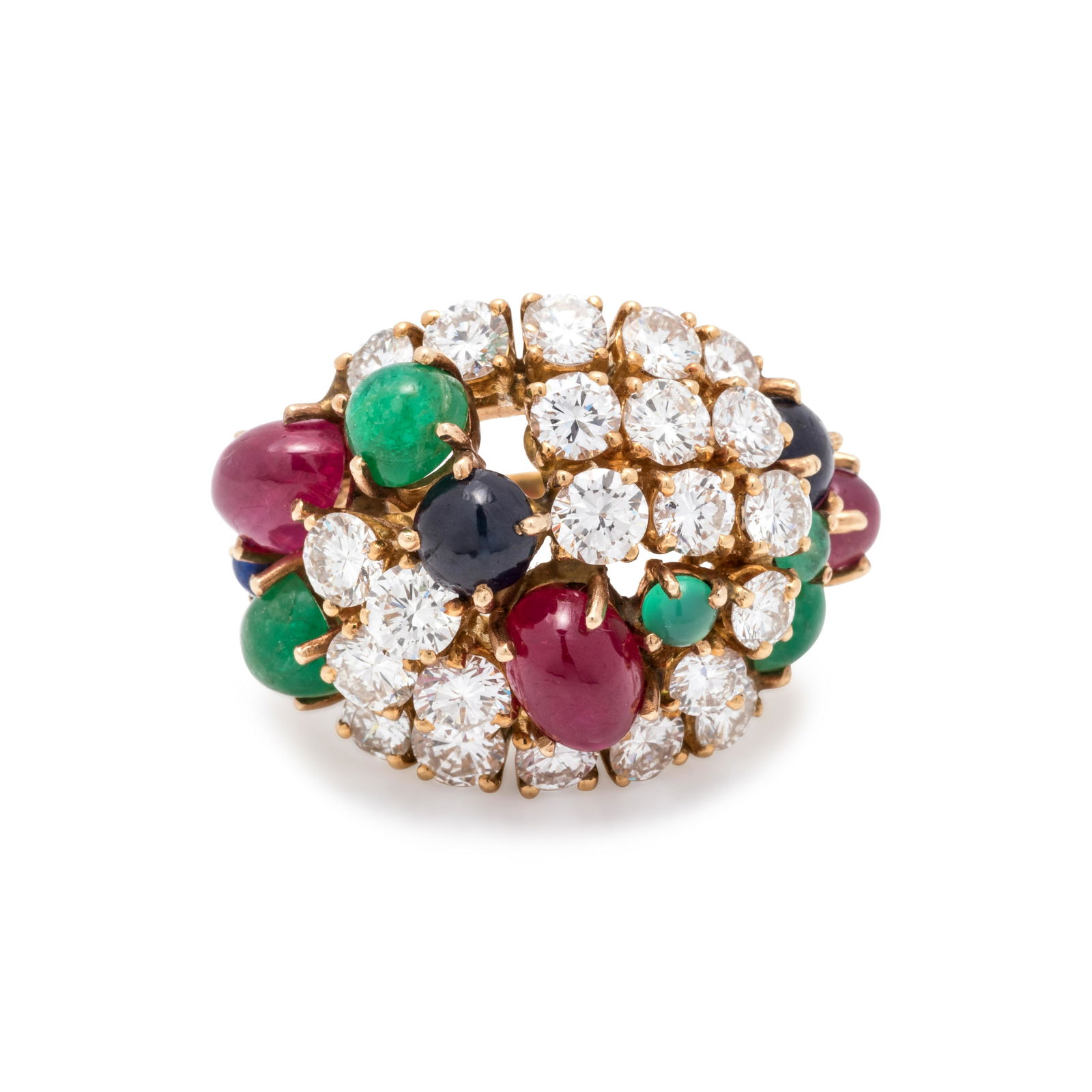 DIAMOND AND MULTIGEM RING: DIAMOND AND MULTIGEM RING Containing 22 round brilliant cut diamonds weighing approximately 2.90 carats total, three oval and round cabochon cut rubies, five oval and round cabochon cut emeralds, two