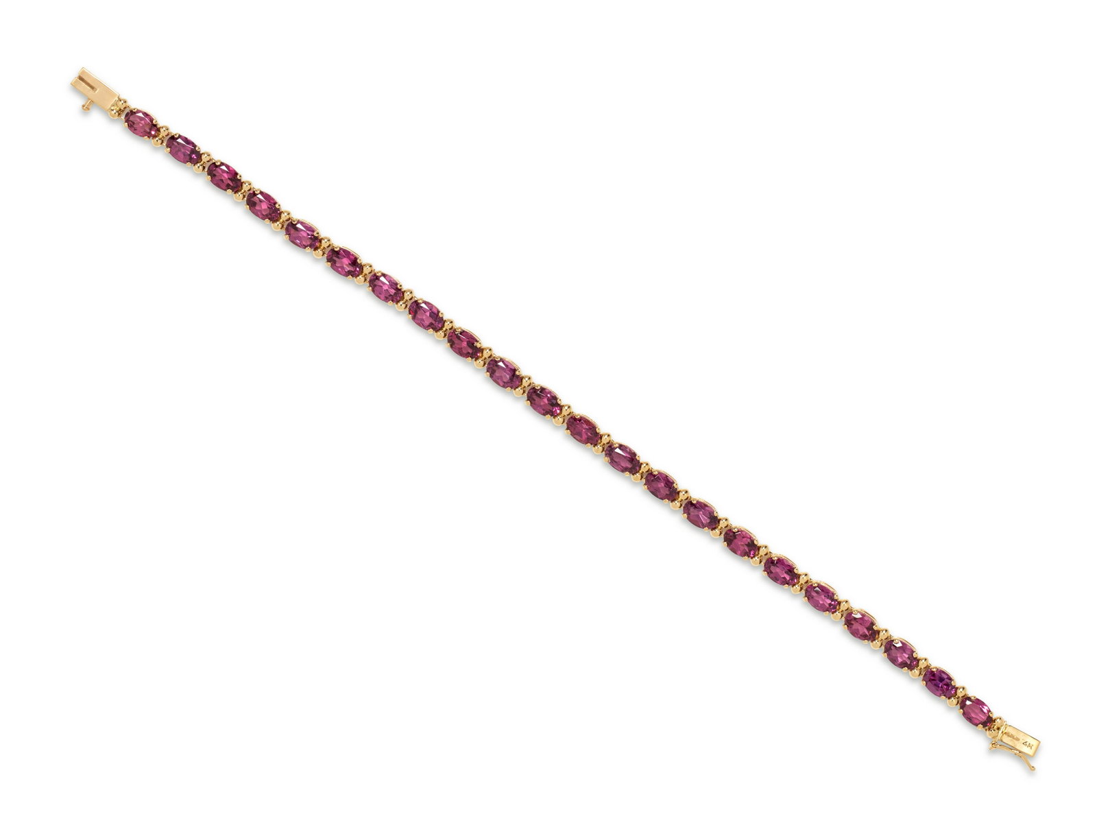 GARNET BRACELET: GARNET BRACELET Containing 22 oval shape mixed cut reddish purple garnets measuring approximately 6.00 x 4.00 mm. Mounted in yellow gold. Stamp: 14K PAT.4697315 MEXICO. 5.50 dwt.