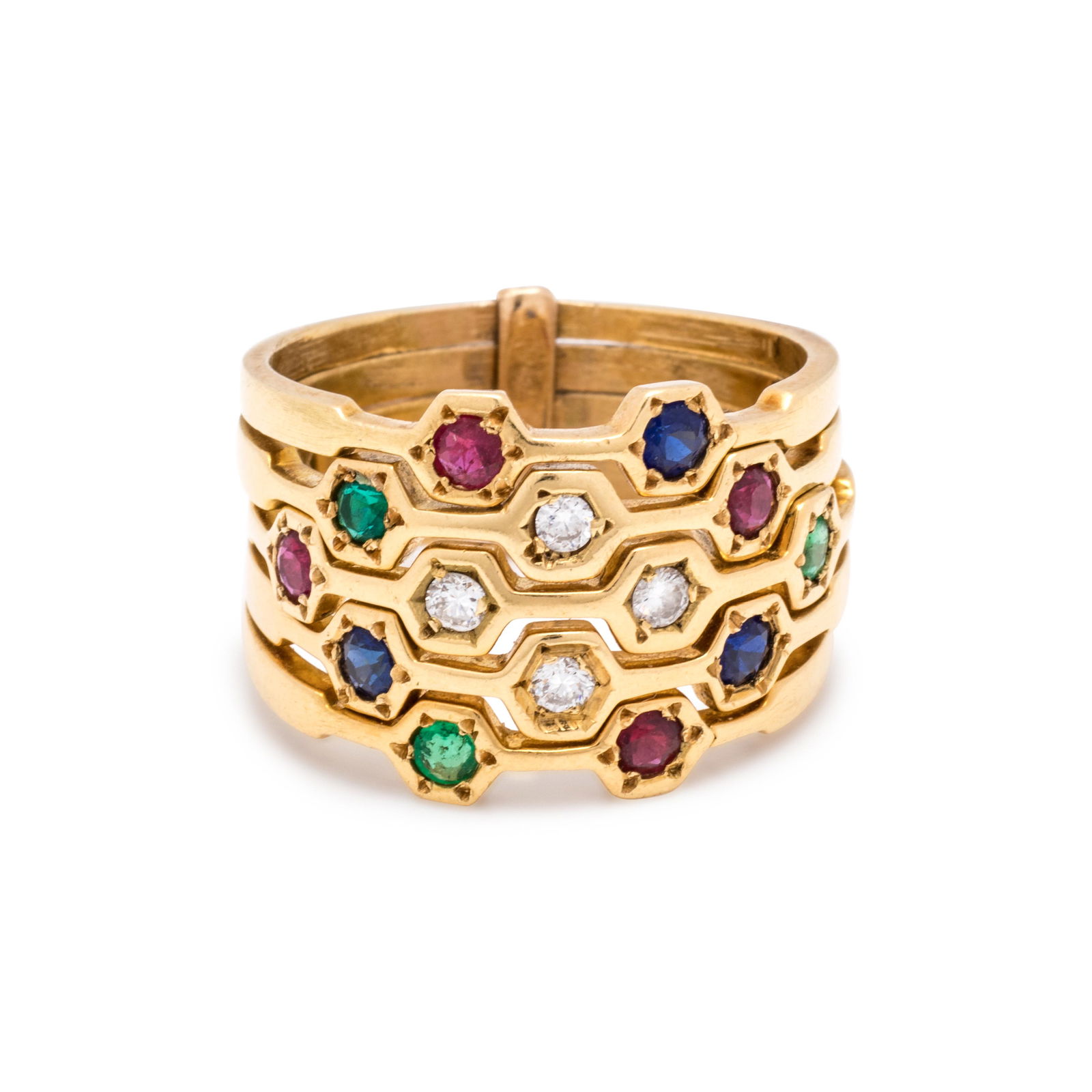 DIAMOND AND MULTIGEM HAREM RING: DIAMOND AND MULTIGEM HAREM RING Containing four round brilliant cut diamonds weighing approximately 0.10 carat total, three round mixed cut emeralds, four round mixed cut rubies and three round mixed