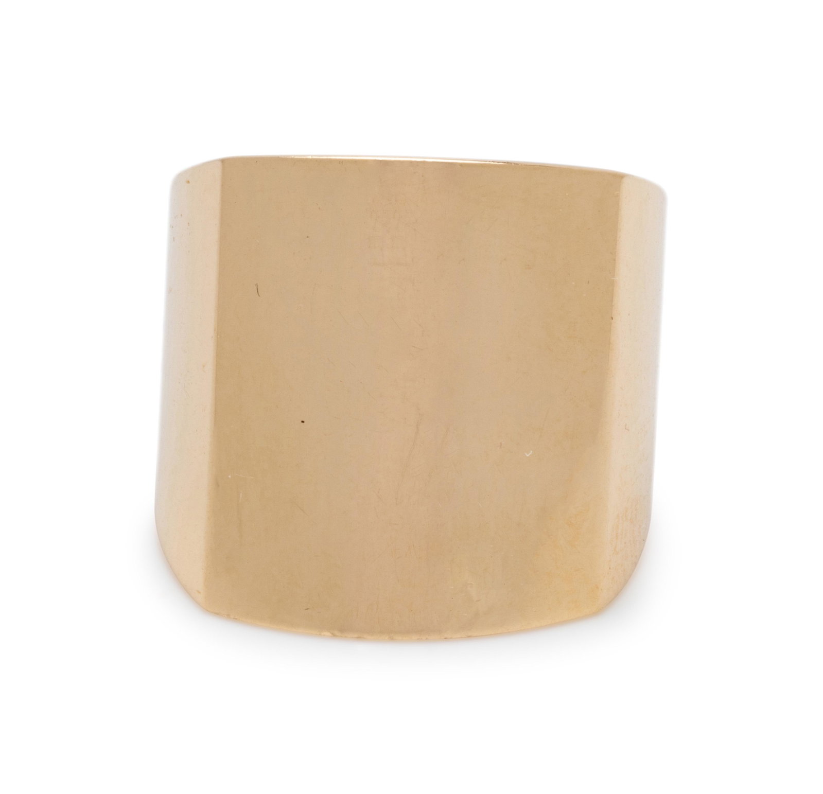 YELLOW GOLD RING: YELLOW GOLD RING Consisting of a cigar band style ring measuring approximately 18.45 mm wide. Stamp: (maker's mark) 14K PLUMB. 9.40 dwt.