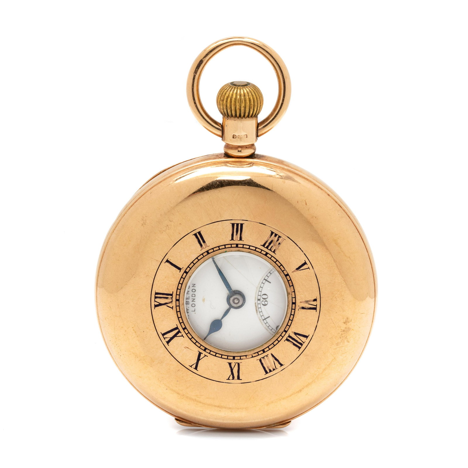 J.W. BENSON, 9K YELLOW GOLD DEMI-HUNTER POCKET WATCH: J.W. BENSON, 9K YELLOW GOLD DEMI-HUNTER POCKET WATCH 49.00 mm case diameter, white single sunk dial signed J.W. BENSON, Roman numerals, blued steel Poires double effet hands, subdial for seconds at 6 