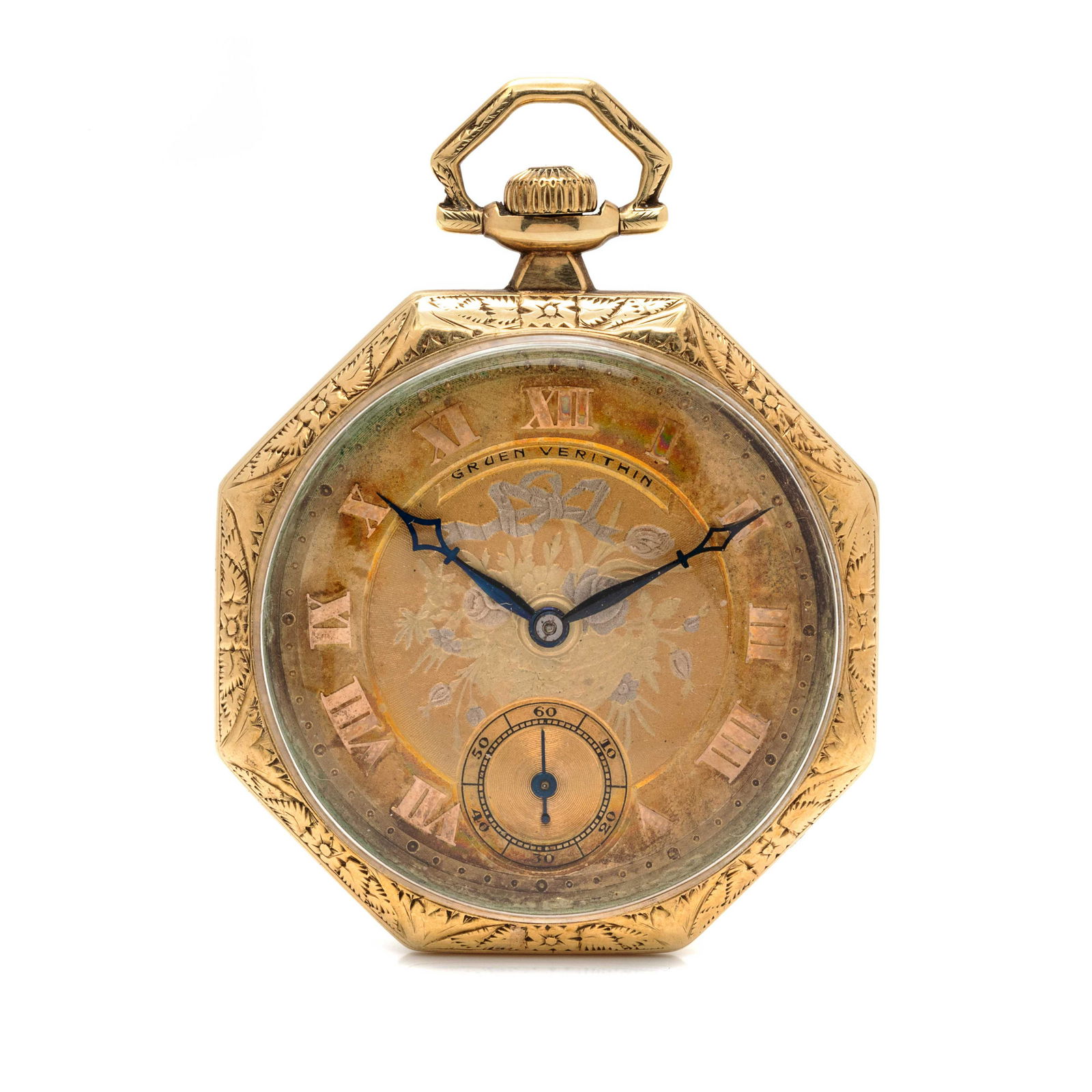 GRUEN, 14K YELLOW GOLD 'VERITHIN' OPEN FACE POCKET: GRUEN, 14K YELLOW GOLD 'VERITHIN' OPEN FACE POCKET WATCH 42.00 mm case dimension, tricolor gold floral dial signed GRUEN, applied gold Roman numerals, blued steel lance hands, subdial for seconds at 6