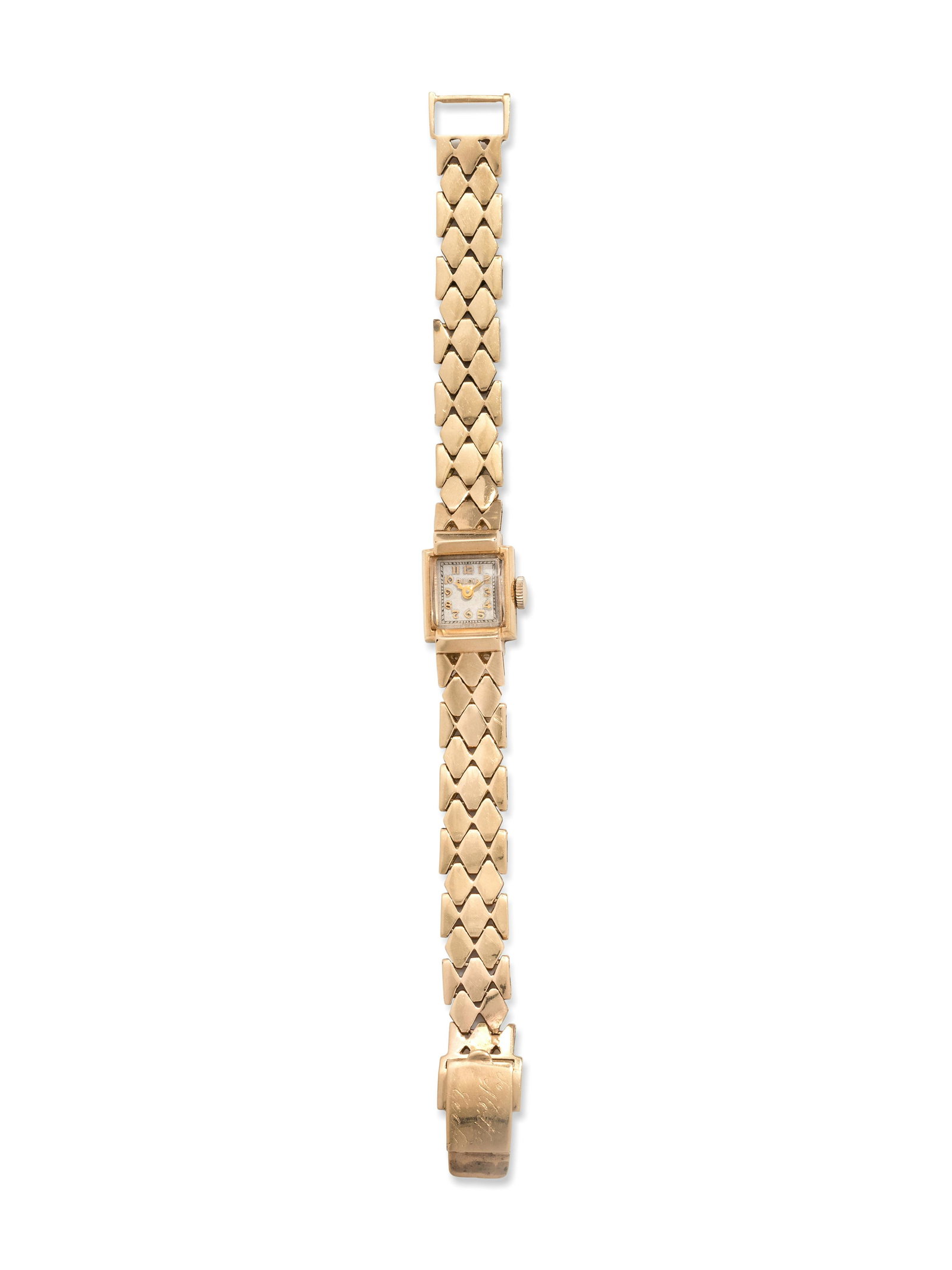 BULOVA, 14K YELLOW GOLD WRISTWATCH: BULOVA, 14K YELLOW GOLD WRISTWATCH 19.00 x 14.00 mm case dimensions, off white dial signed BULOVA, applied gold Arabic numerals, gold modern hands, snap on case back, manual wind 17 jewel movement sig