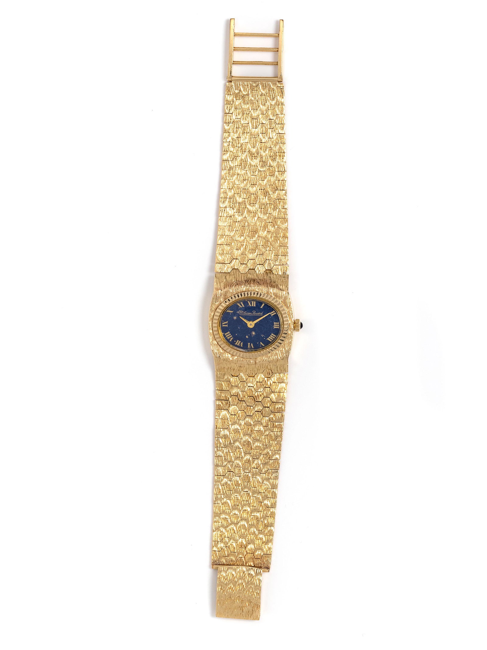 LUCIEN PICCARD, 14K YELLOW GOLD WRISTWATCH: LUCIEN PICCARD, 14K YELLOW GOLD WRISTWATCH 25.00 x 25.00 mm case dimensions, blue and gold flecked dial signed Lucien Piccard, gold Roman numerals, yellow gold tapered pencil hands, coin edge bezel, s