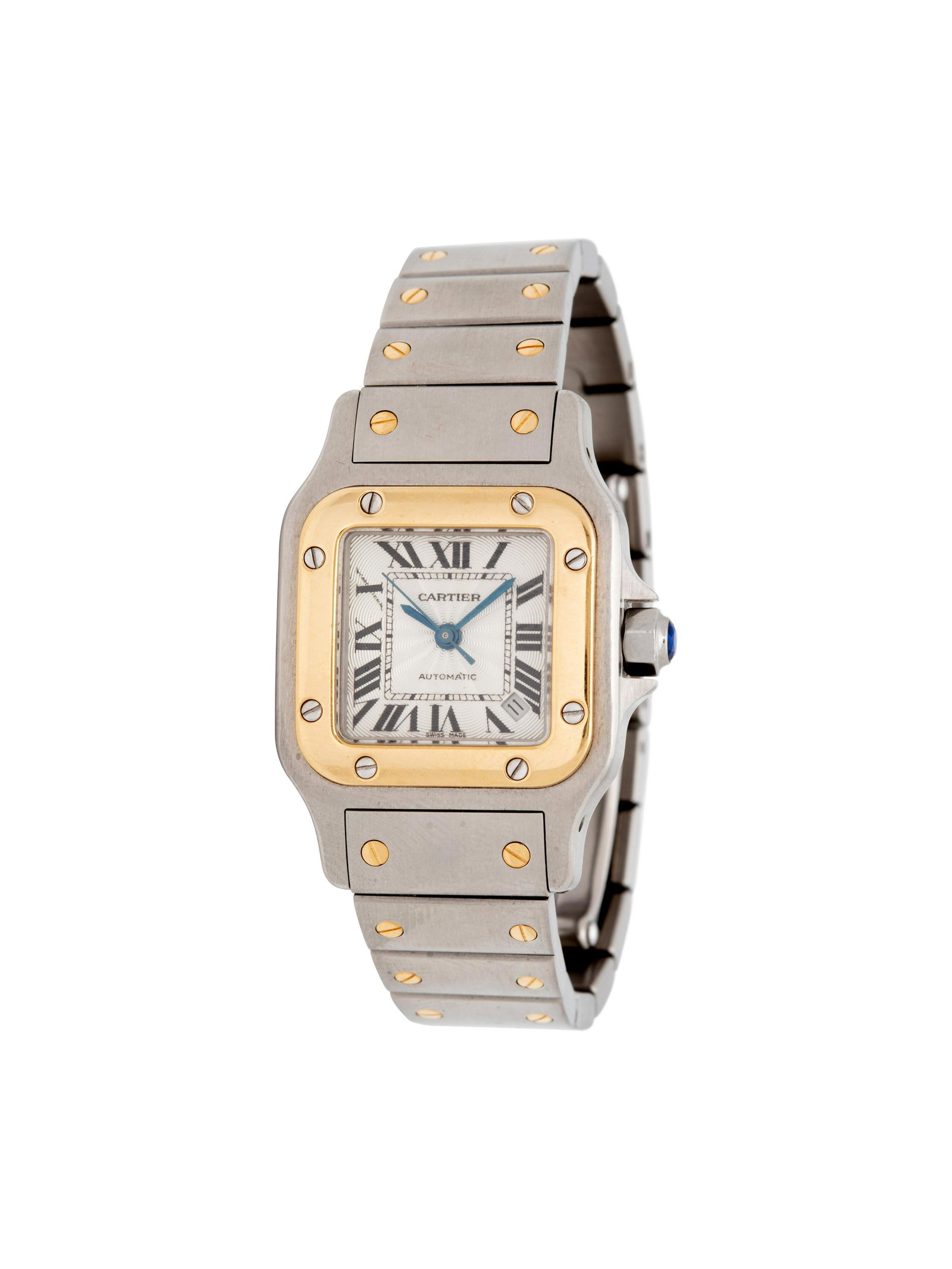 CARTIER, STAINLESS STEEL AND 18K YELLOW GOLD REF. 2423: CARTIER, STAINLESS STEEL AND 18K YELLOW GOLD REF. 2423 'SANTOS' WRISTWATCH 22.00 x 23.00 mm case dimensions, guilloche engraved dial signed CARTIER with secret signature at 10 o'clock, black Roman num
