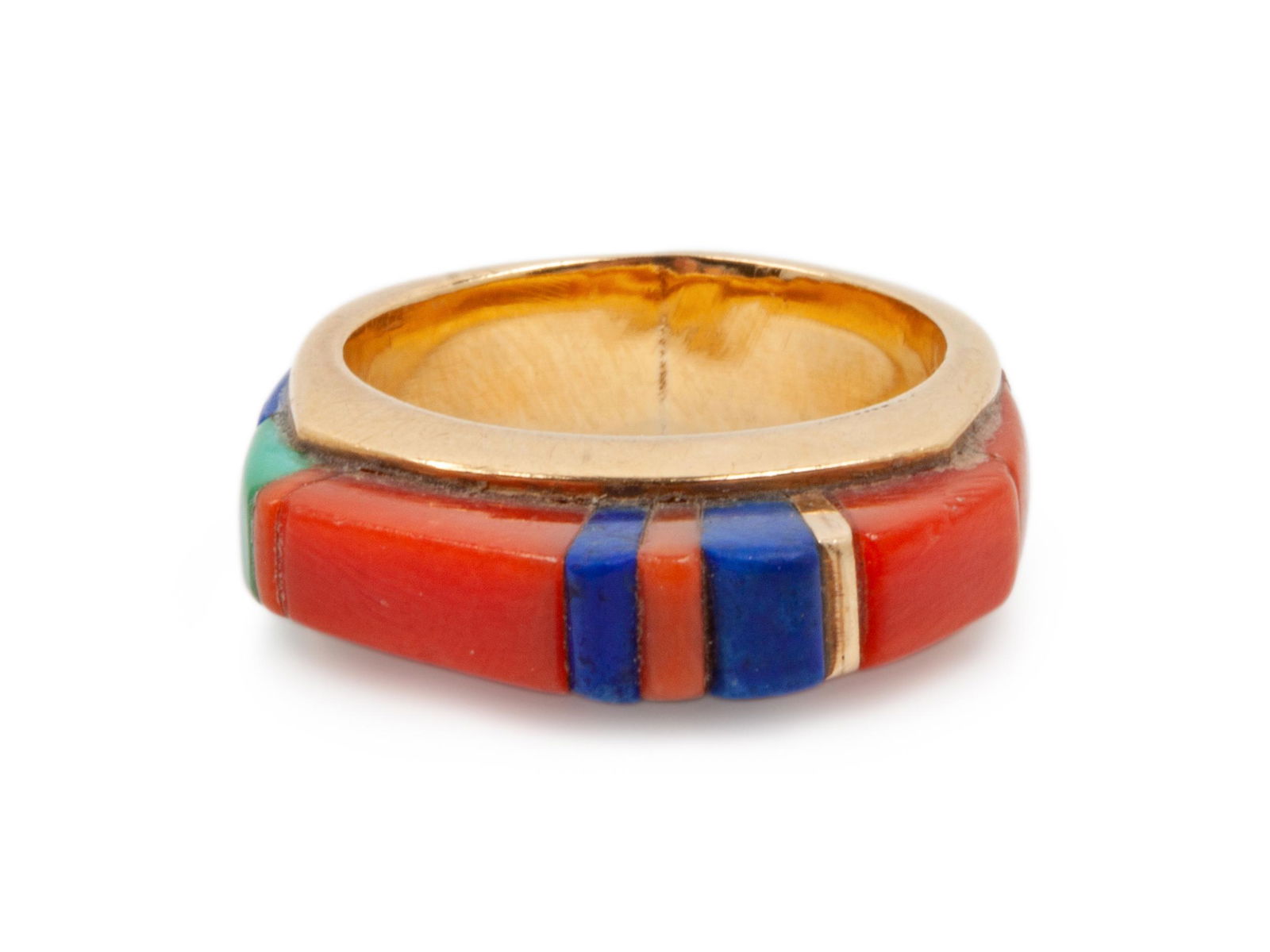 Charles Loloma (HOPI, 1921-1991) 14k Gold Ring with: Charles Loloma (HOPI, 1921-1991) 14k Gold Ring with Turquoise, Coral, and Lapis Inlay signed Loloma and marked 18k ring size 7, weight 4.7 dwt.