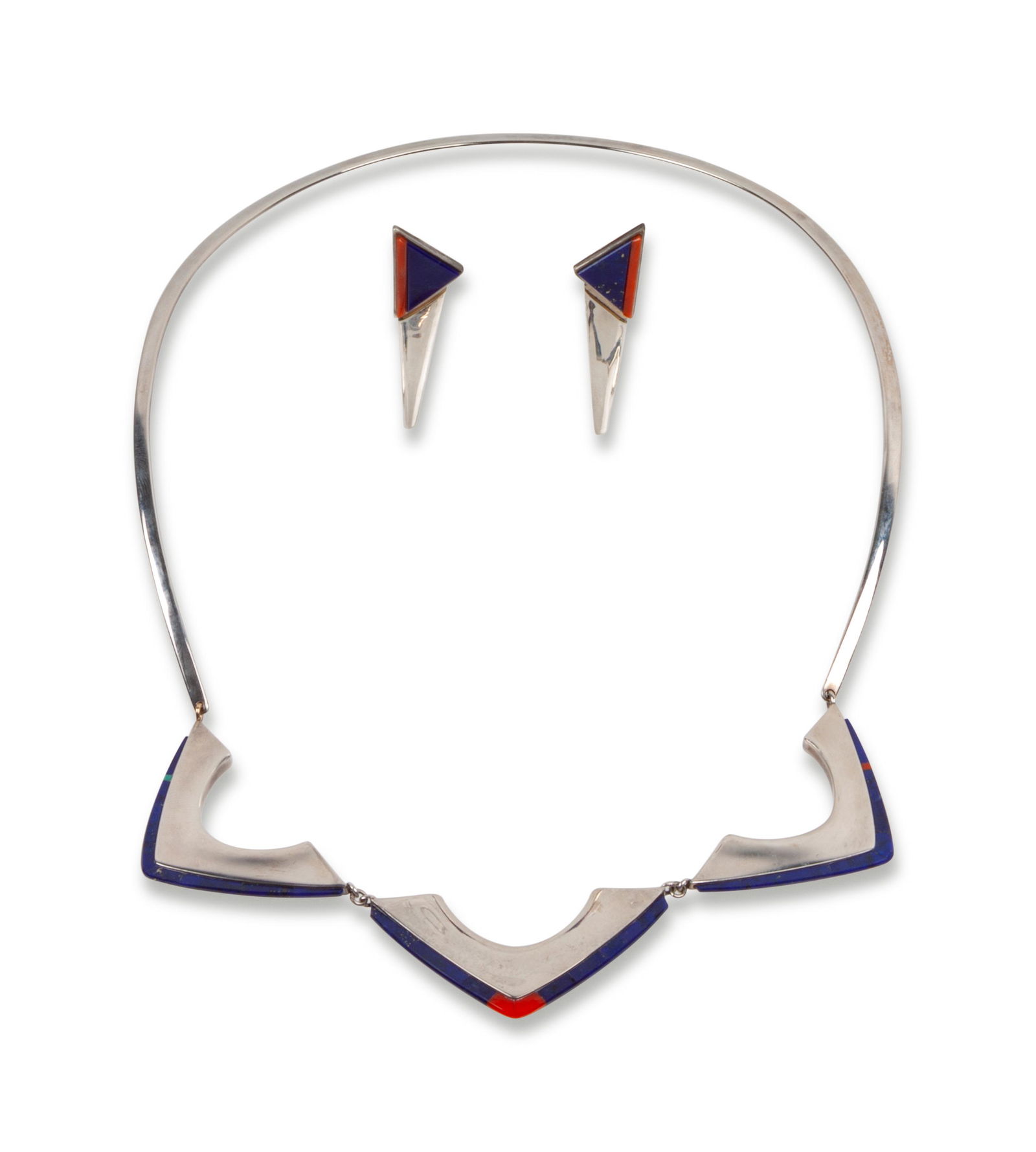Richard Chavez (SAN FELIPE, B. 1949) Sterling Silver: Richard Chavez (SAN FELIPE, B. 1949) Sterling Silver Necklace and Earrings Set, with Coral and Lapis Inlay lot of 2, both marked RC necklace length 15 inches, earring length 2 inches, weight 25.7 dwt.