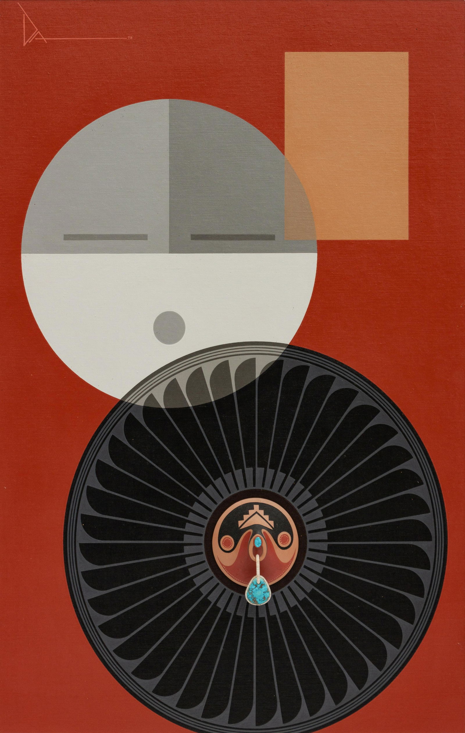 Tony Da (SAN ILDEFONSO, 1940-2008) mixed media: Tony Da (SAN ILDEFONSO, 1940-2008) mixed media composition on canvas; with turquoise cabochon; signed and dated upper left 40 x 30 inches