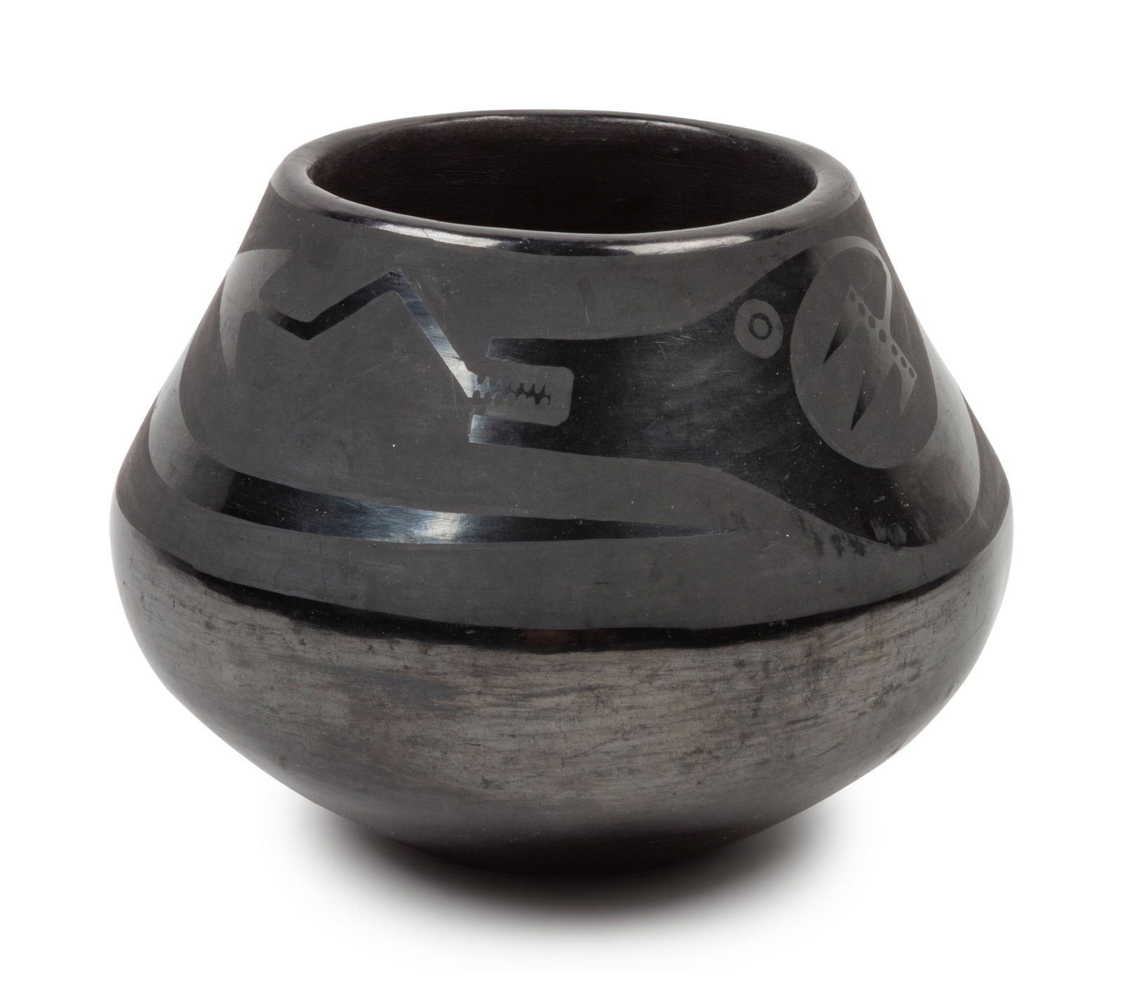 Maria Martinez (SAN ILDEFONSO, 1887-1980) Blackware: Maria Martinez (SAN ILDEFONSO, 1887-1980) Blackware Jar, 1920-1925 with Avanyu; signed on base Marie height 4 x diameter 5 inches