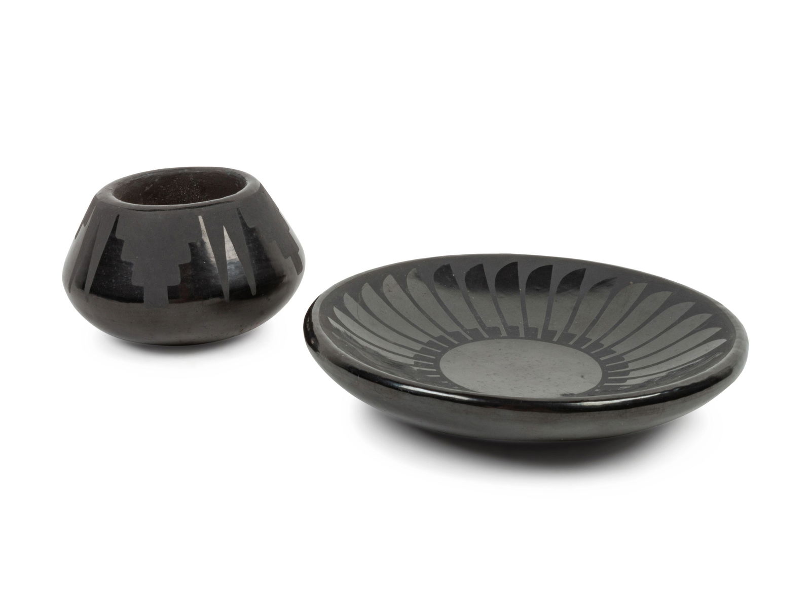 Crucita Calabaza, Blue Corn (SAN ILDEFONSO, 1921-1999): Crucita Calabaza, Blue Corn (SAN ILDEFONSO, 1921-1999) Blackware Jar and Plate both signed on base (jar) height 2 x diameter 3 1/4 inches; (plate) diameter 5 1/2 inches