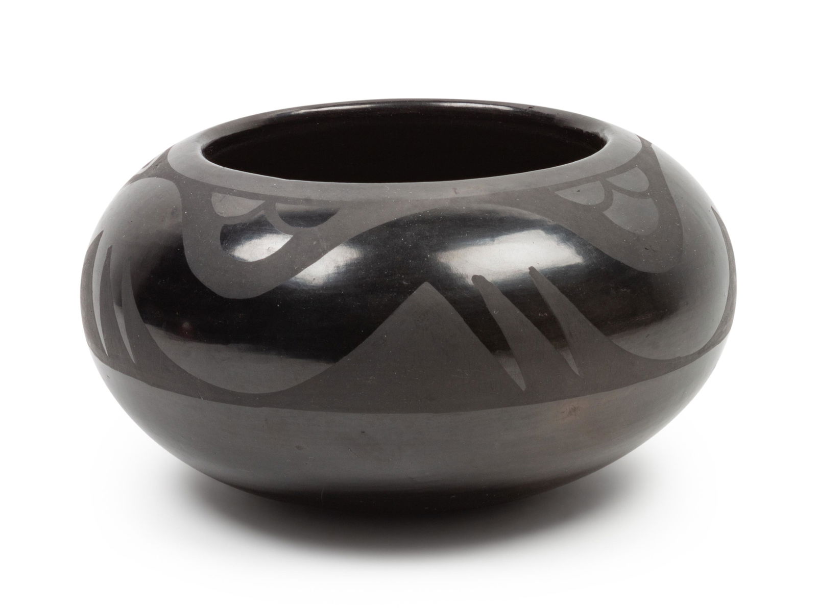 Maria and Santana Martinez (SAN ILDEFONSO, 1887-1980: Maria and Santana Martinez (SAN ILDEFONSO, 1887-1980 and 1909-2002) Blackware Bowl with Avanyu; signed on base height 4 x diameter 7 1/2 inches Property from the Dewar Family Collection, Overland Park