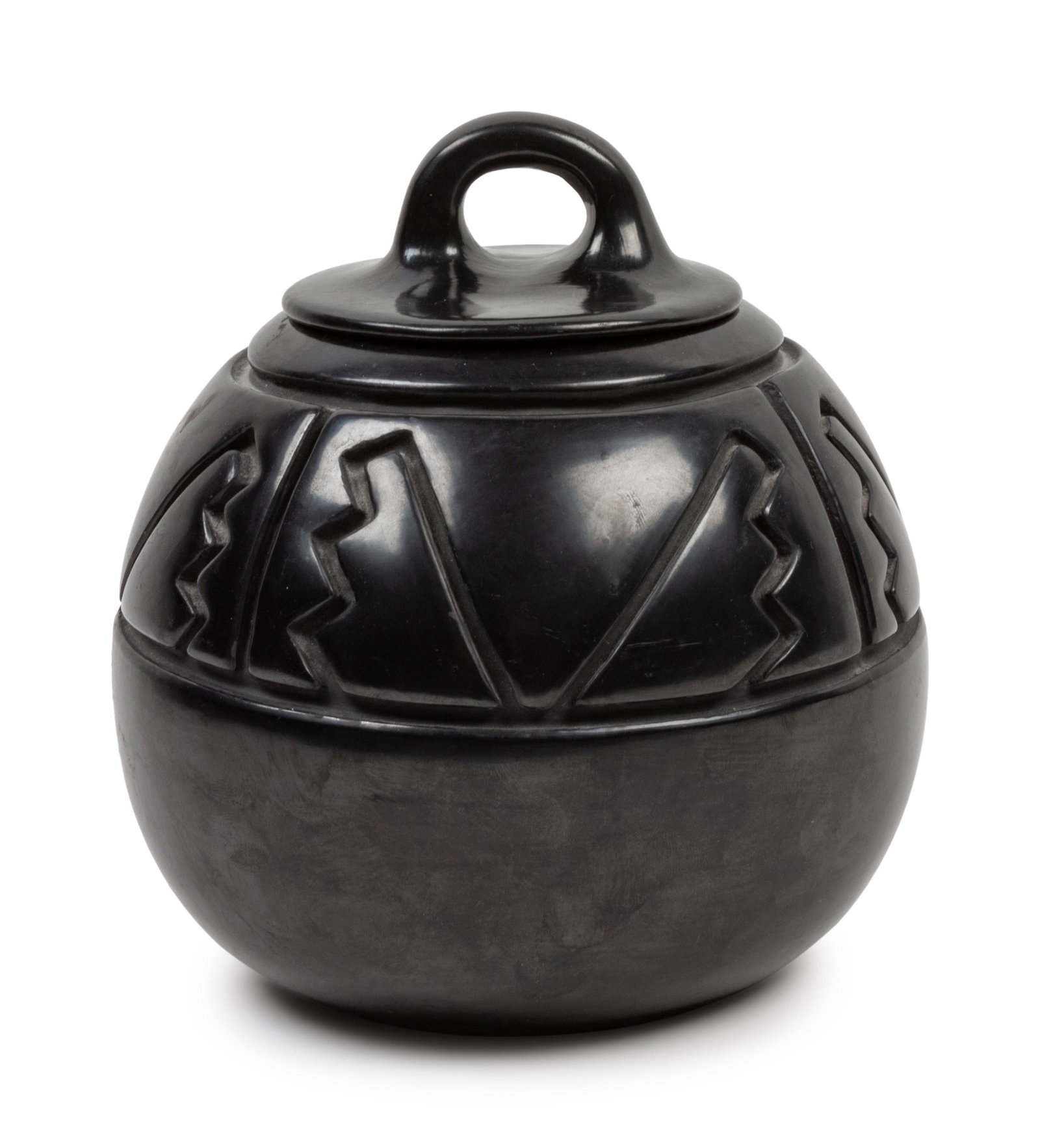 Margaret Tafoya (SANTA CLARA, 1904-2001) Blackware: Margaret Tafoya (SANTA CLARA, 1904-2001) Blackware Bean Pot with Lid carved decorations; signed on base height 8 inches