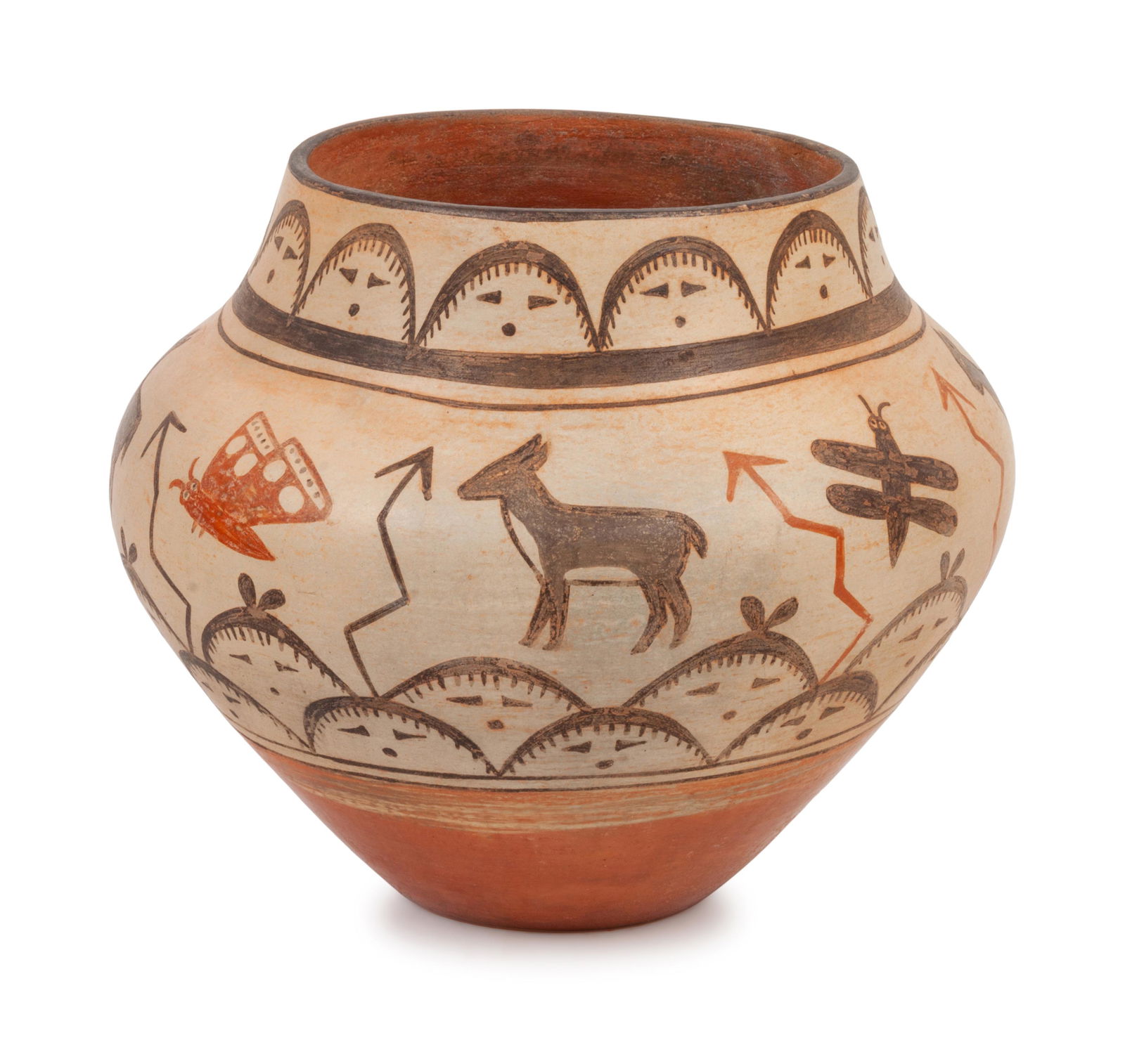 Zia Pictorial Jar height 8 1/2 x diameter 10 1/2 inches: Zia Pictorial Jar SECOND QUARTER 20TH CENTURY with cloud people, deer, dragonflies, butterflies, and lightning height 8 1/2 x diameter 10 1/2 inches