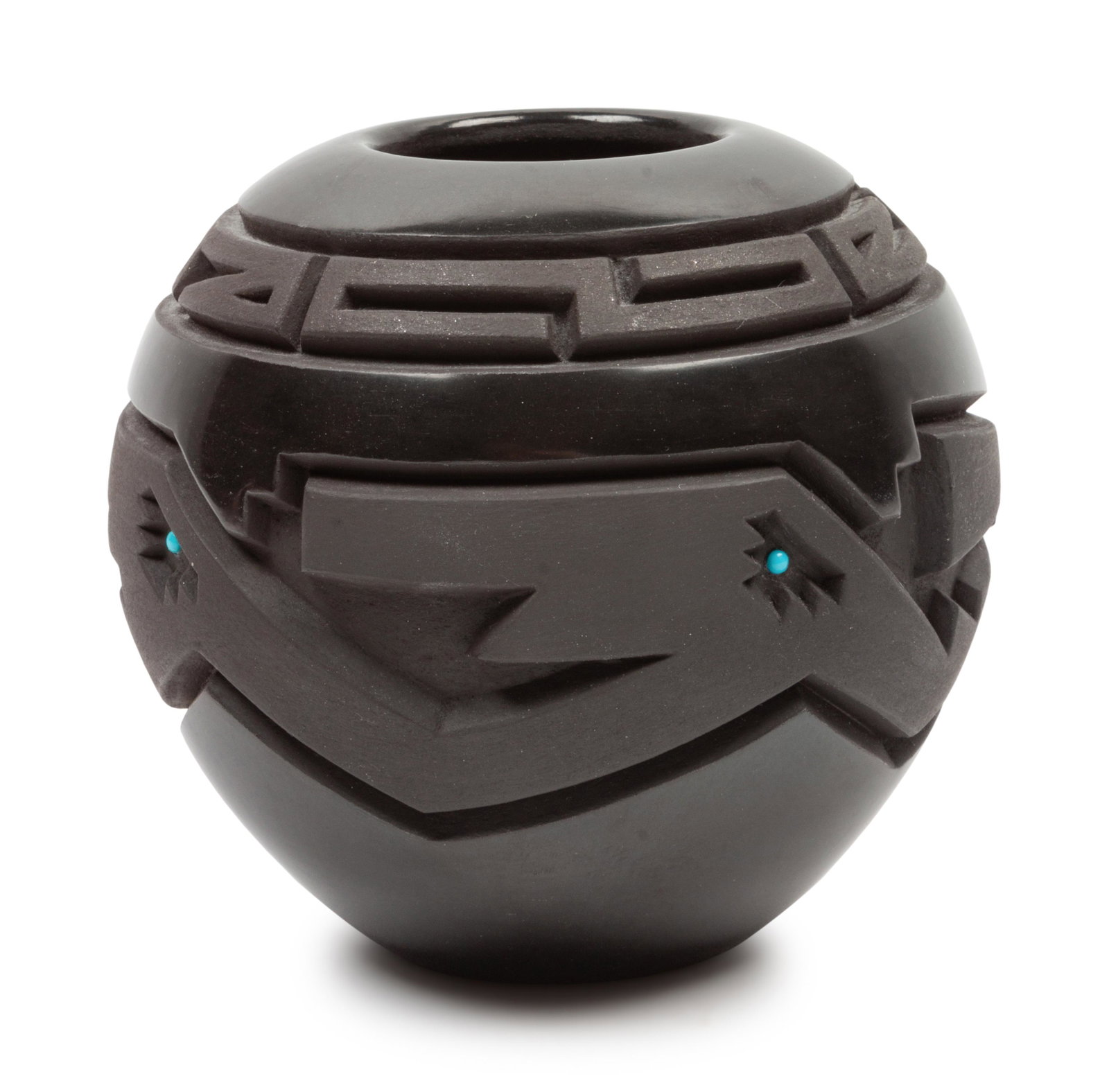 Harrison Begay, Jr. (SANTA CLARA, B. 1961) Blackware: Harrison Begay, Jr. (SANTA CLARA, B. 1961) Blackware Jar deeply carved; turquoise bead detailing; signed on base height 5 1/2 x diameter 4 3/4 inches Property from the Dewar Family Collection, Overlan