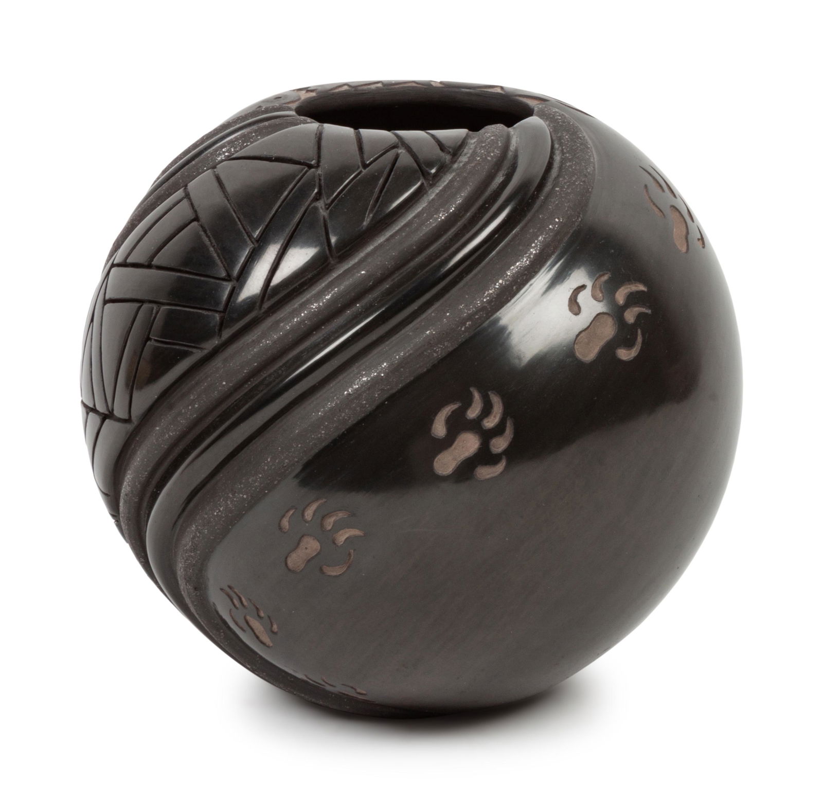 Linda Tafoya-Sanchez (SANA CLARA, B. 1962) Blackware: Linda Tafoya-Sanchez (SANA CLARA, B. 1962) Blackware Jar with micaceous banding and sgraffito bear paws; signed Linda Tafoya Oyenque on base height 6 x diameter 6 inches Property from the Dewar Family