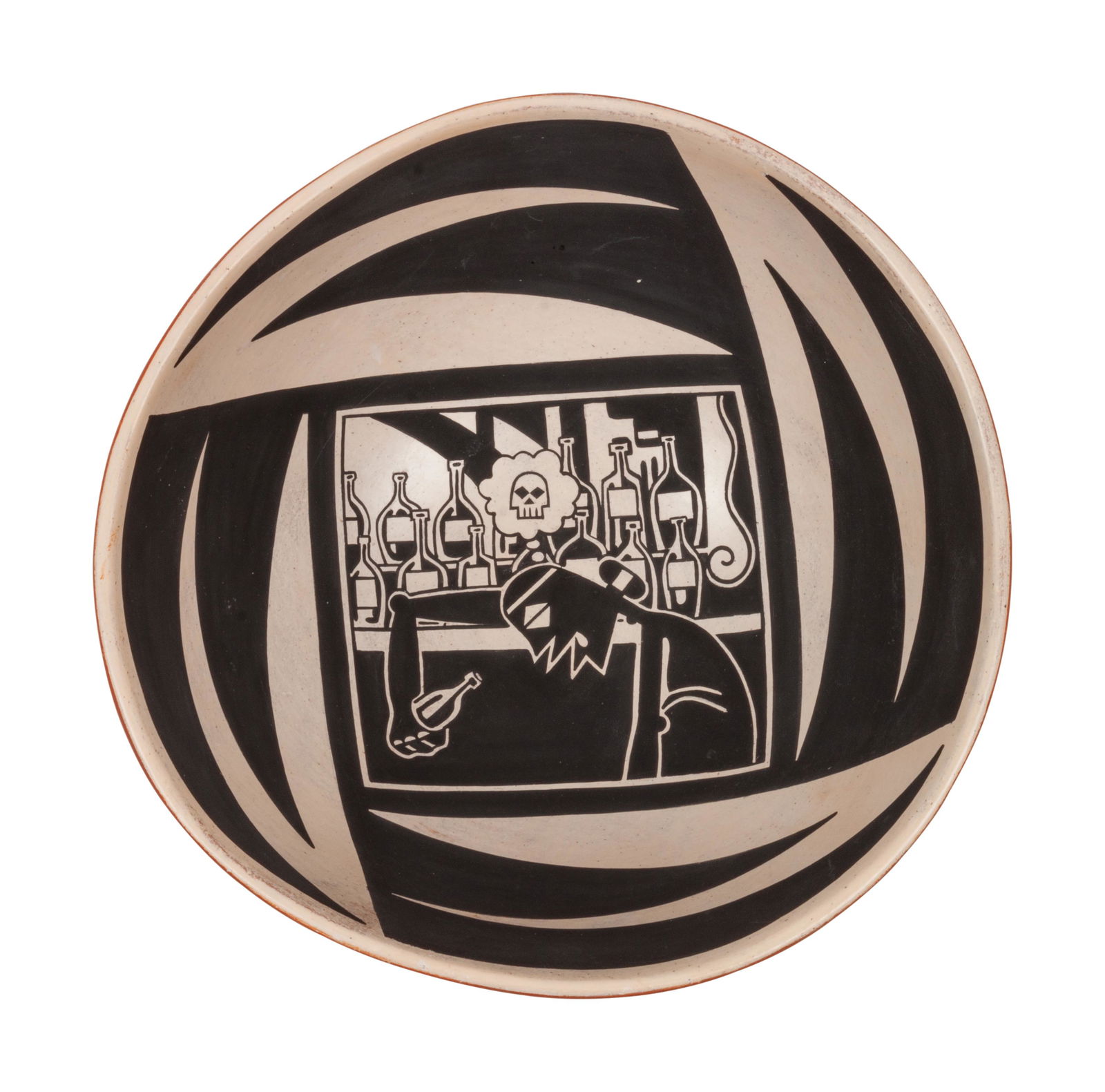 Diego Romero (COCHITI, B. 1964) Dead Chongo: Diego Romero (COCHITI, B. 1964) Dead Chongo painted redware bowl; signed and titled along outer edge height 3 3/4 x diameter 8 1/4 inches