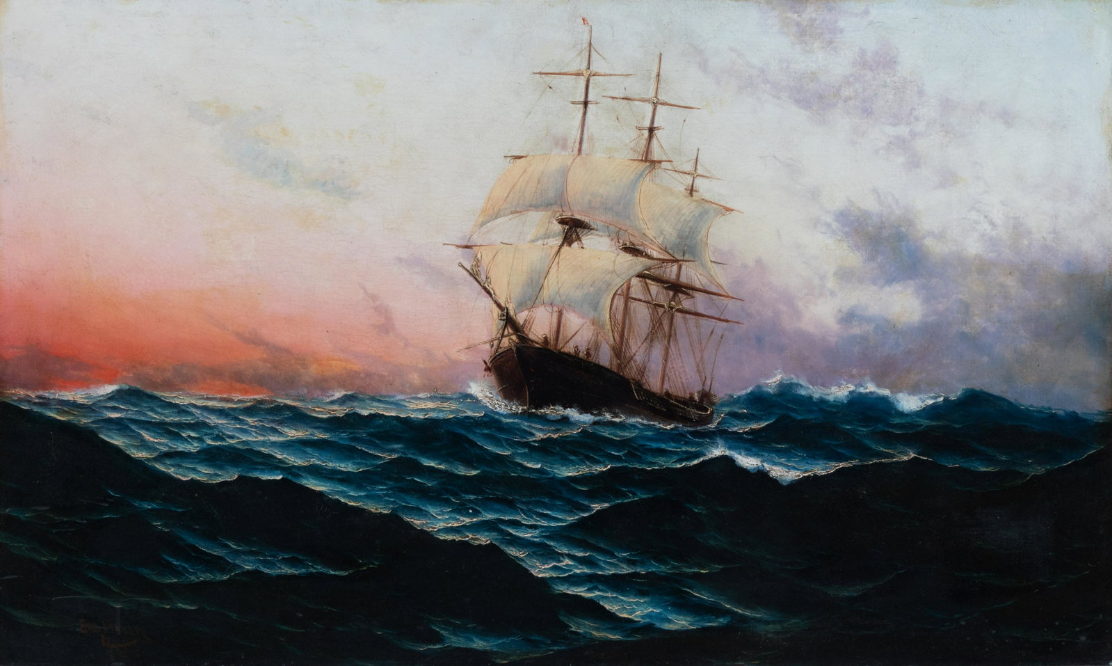 Edward Hoyer (British, 19th Century) Ship on Open Seas: Edward Hoyer (British, 19th Century) Ship on Open Seas oil on canvas signed Edw. Hoyer (lower left) 30 ½ x 50 inches.