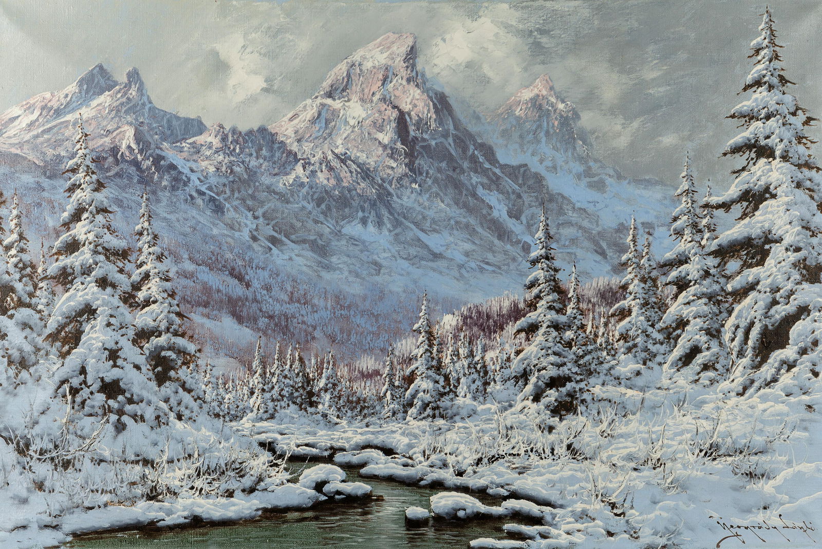 Laszlo Neogrady (Hungarian, 1896-1962) Alpine Sunset,: Laszlo Neogrady (Hungarian, 1896-1962) Alpine Sunset, 1956 oil on canvas signed Laszlo Neogrady (lower right) 24 x 36 inches.