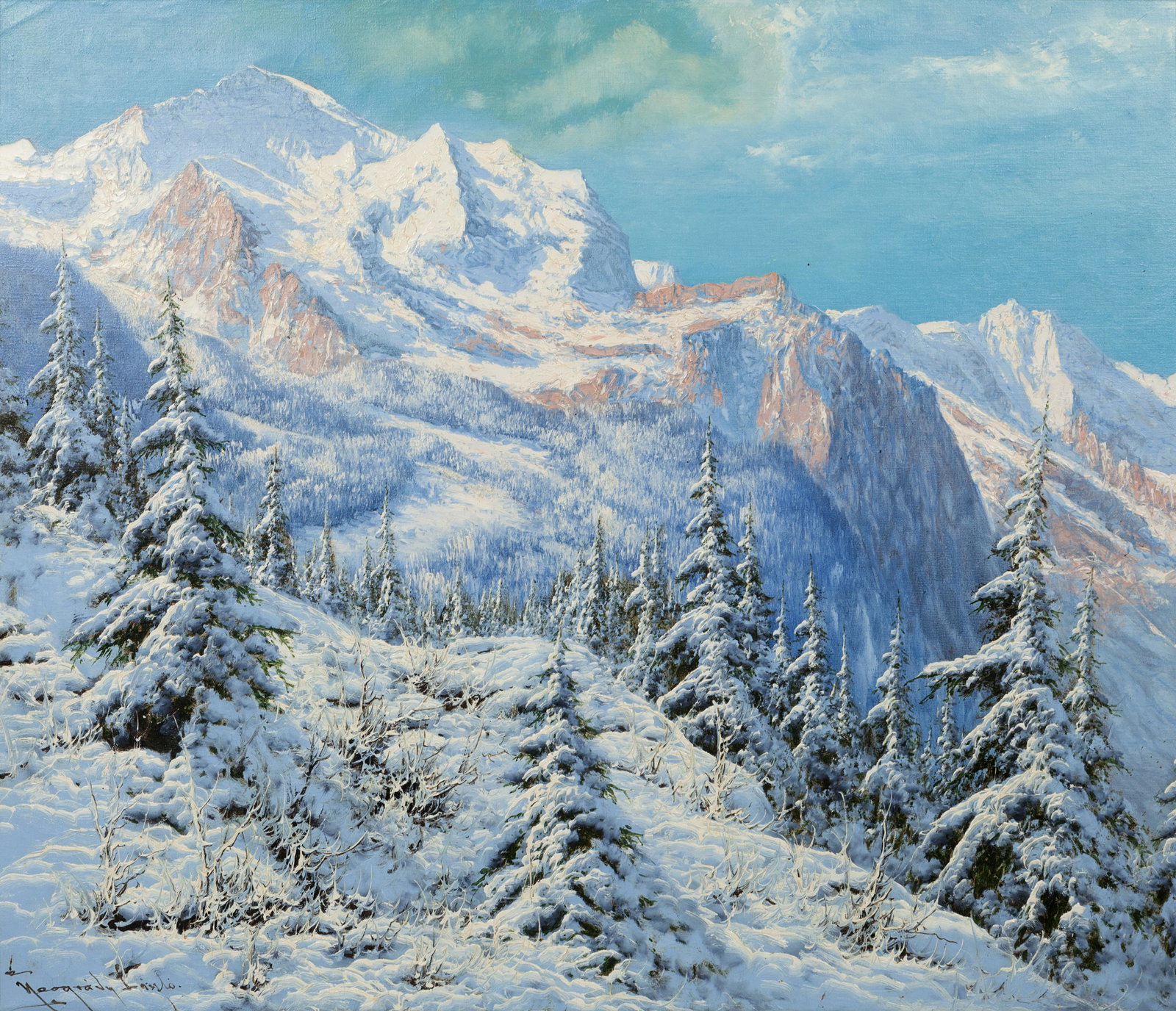 Laszlo Neogrady (Hungarian, 1896-1962) Alpine Scene: Laszlo Neogrady (Hungarian, 1896-1962) Alpine Scene oil on canvas signed Neogrady Lazlo (lower left) 31 x 39 inches. Property from the Collection of Mr. and Mrs. Richard and Jane Birkeness, Liberty, M