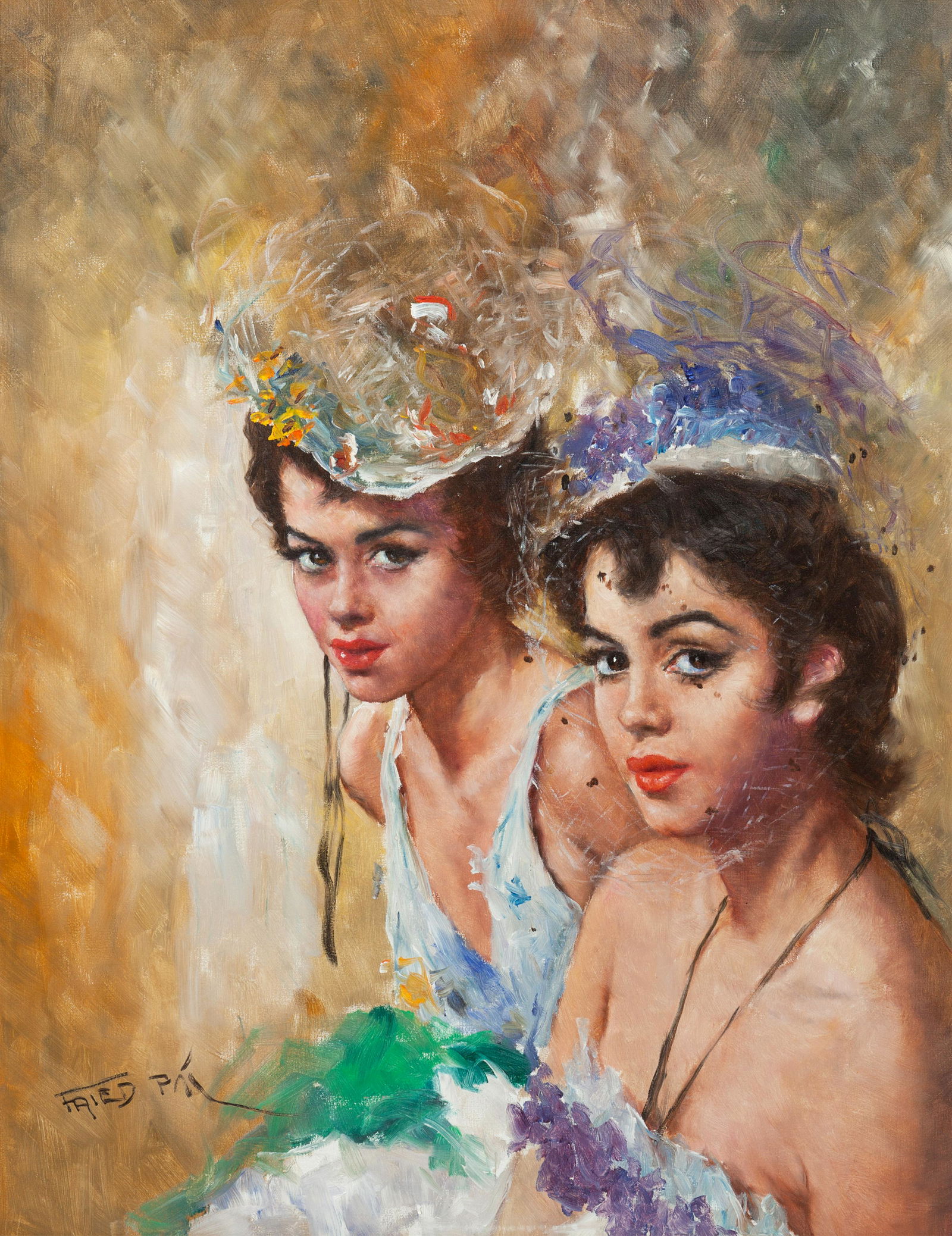 Pal Fried (Hungarian, 1893-1976) Two Women in Hats: Pal Fried (Hungarian, 1893-1976) Two Women in Hats oil on canvas signed Fried Pal (lower left) 30 x 24 inches. Property from the Collection of Mr. and Mrs. Richard and Jane Birkeness, Liberty, Missour