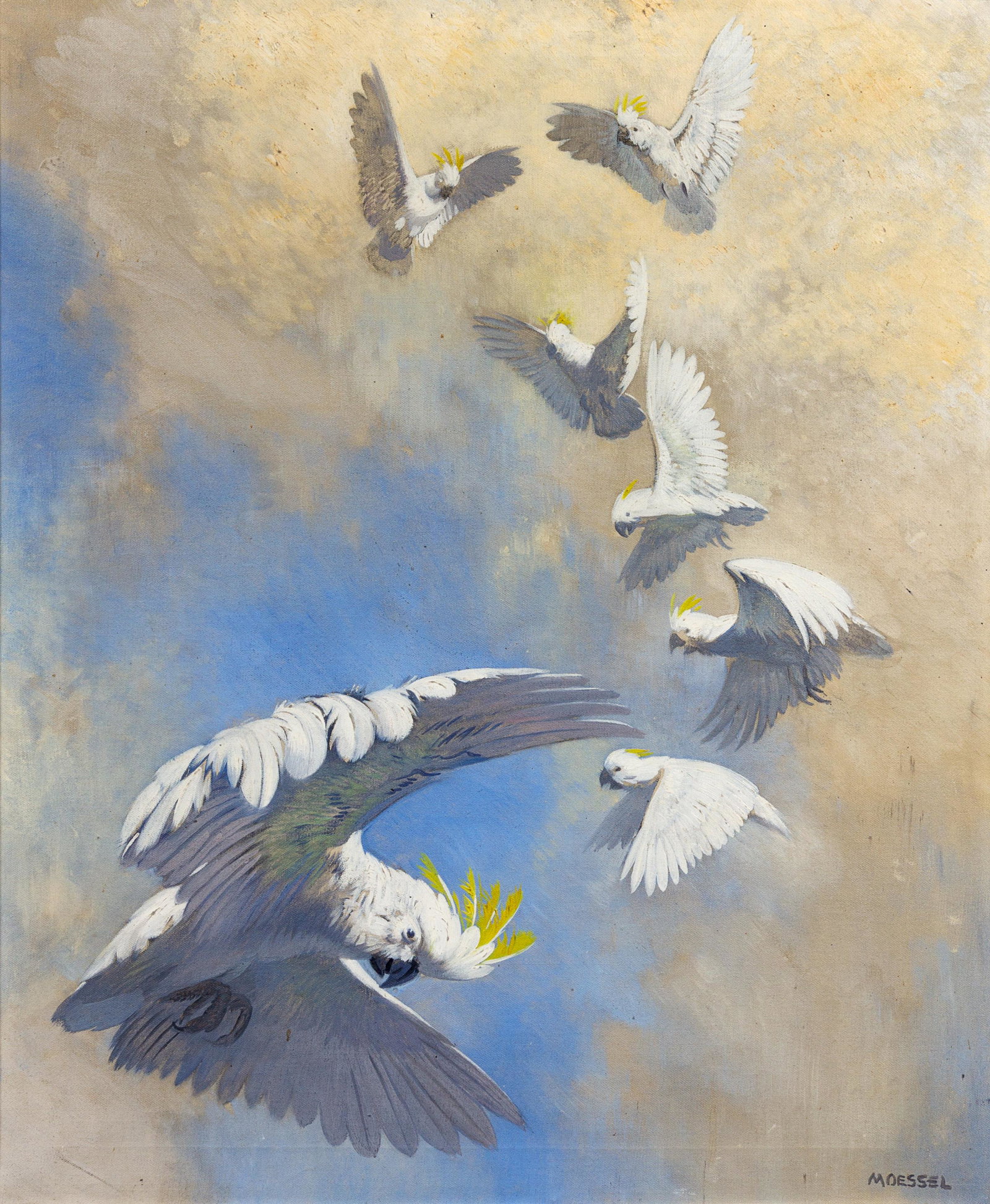 Julius Moessel (American, 1872-1960) Untitled (A: Julius Moessel (American, 1872-1960) Untitled (A Company of Cockatoos) oil on canvas signed Moessel (lower right) 29 x 24 inches.