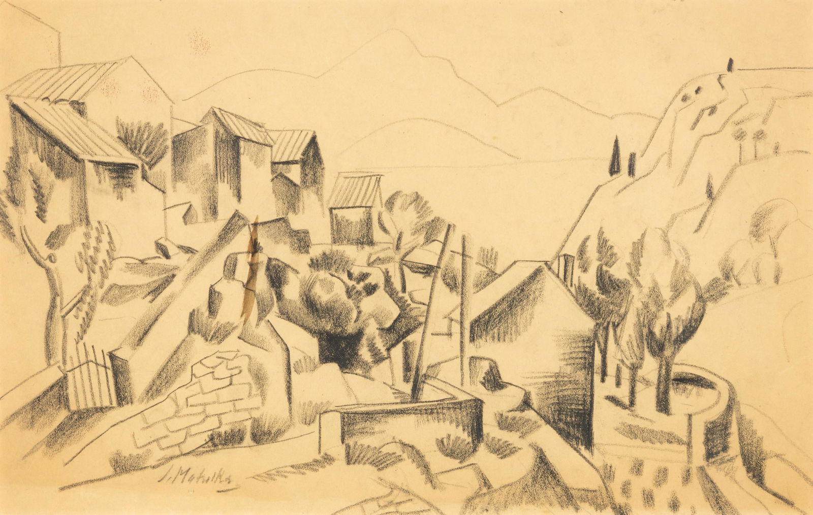 Jan Matulka (American/Czech, 1890-1972) Mountain: Jan Matulka (American/Czech, 1890-1972) Mountain Village charcoal on paper signed J Matulka (lower left); estate stamped (veroso) 11 1/2 x 18 inches.