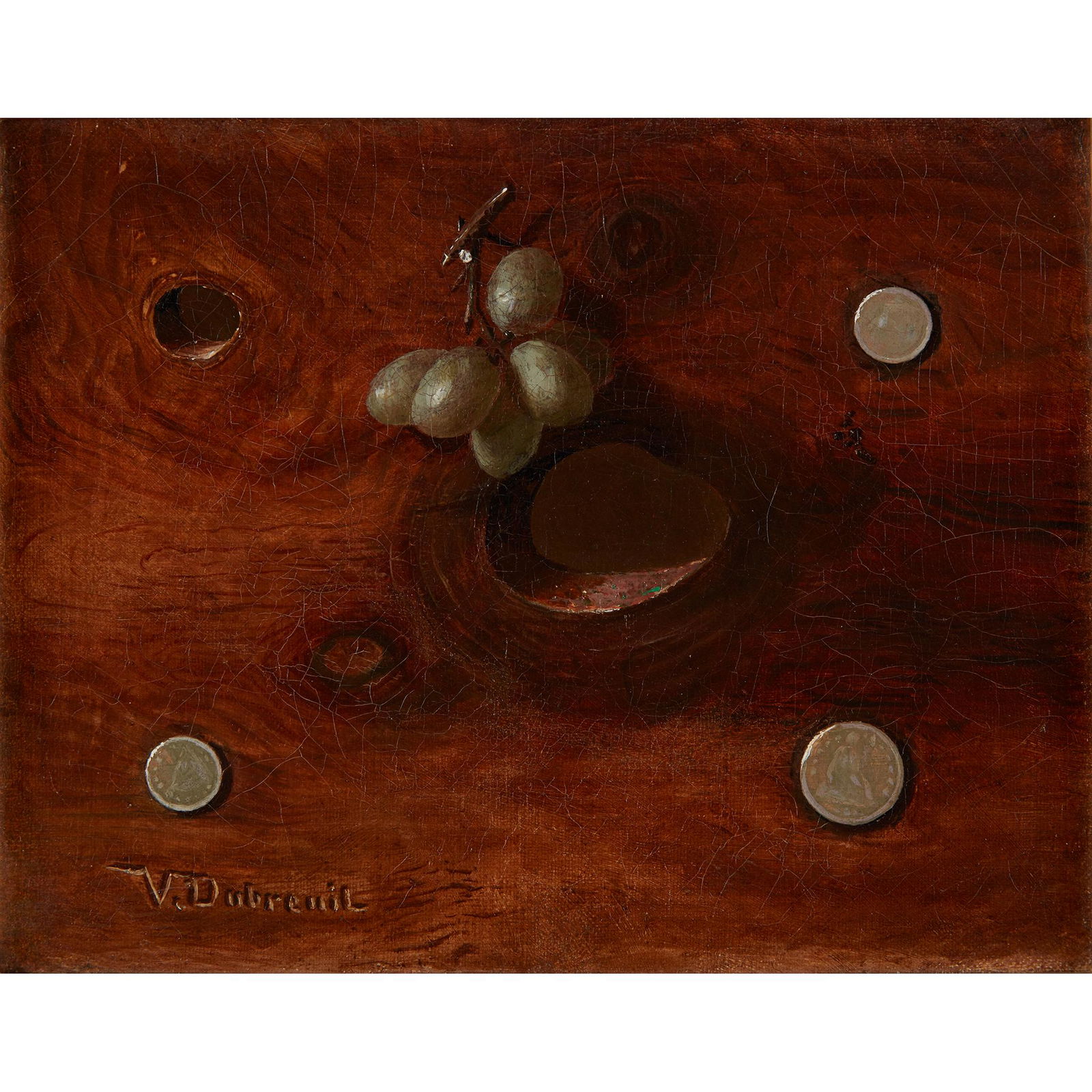 Victor Dubreuil (American/French, B.C. 1842–1946), ,: Victor Dubreuil (American/French, B.C. 1842–1946) Grapes on a Barn Board Signed 'V.Dubreuil' bottom left, oil on canvas 7 1/2 x 9 1/2 in. (19.1 x 24.1cm) PROVENANCE: The Butler Institute of American