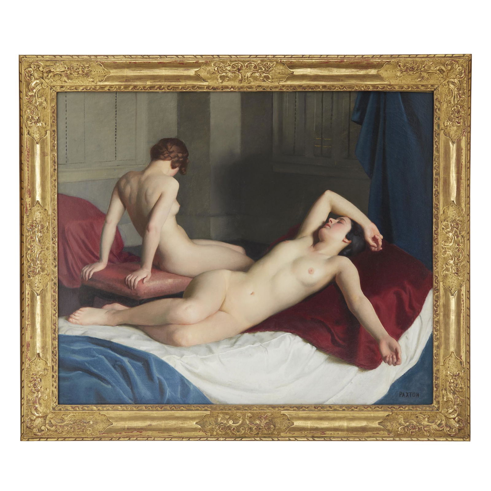 William McGregor Paxton (American, 1869–1941), ,: William McGregor Paxton (American, 1869–1941) Interior with Two Nudes Signed 'PAXTON' bottom right, oil on canvas 32 x 38 in. (81.3 x 96.5cm) In a Frederick Harer frame. PROVENANCE: James C. Howe, B