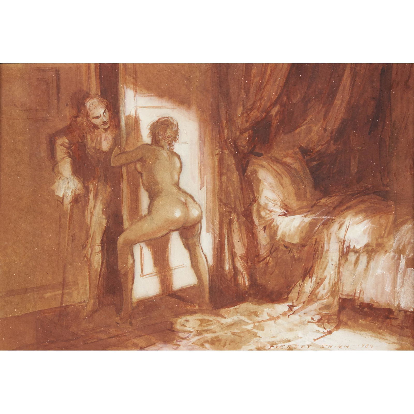 Everett Shinn (American, 1876–1953), , Interior with: Everett Shinn (American, 1876–1953) Interior with Two Figures Signed and dated 'EVERETT SHINN-1934' bottom center right, red chalk and sanguine on paper Sheet size: 51/2 x 8 in. (14 x 20.3cm) PROVEN