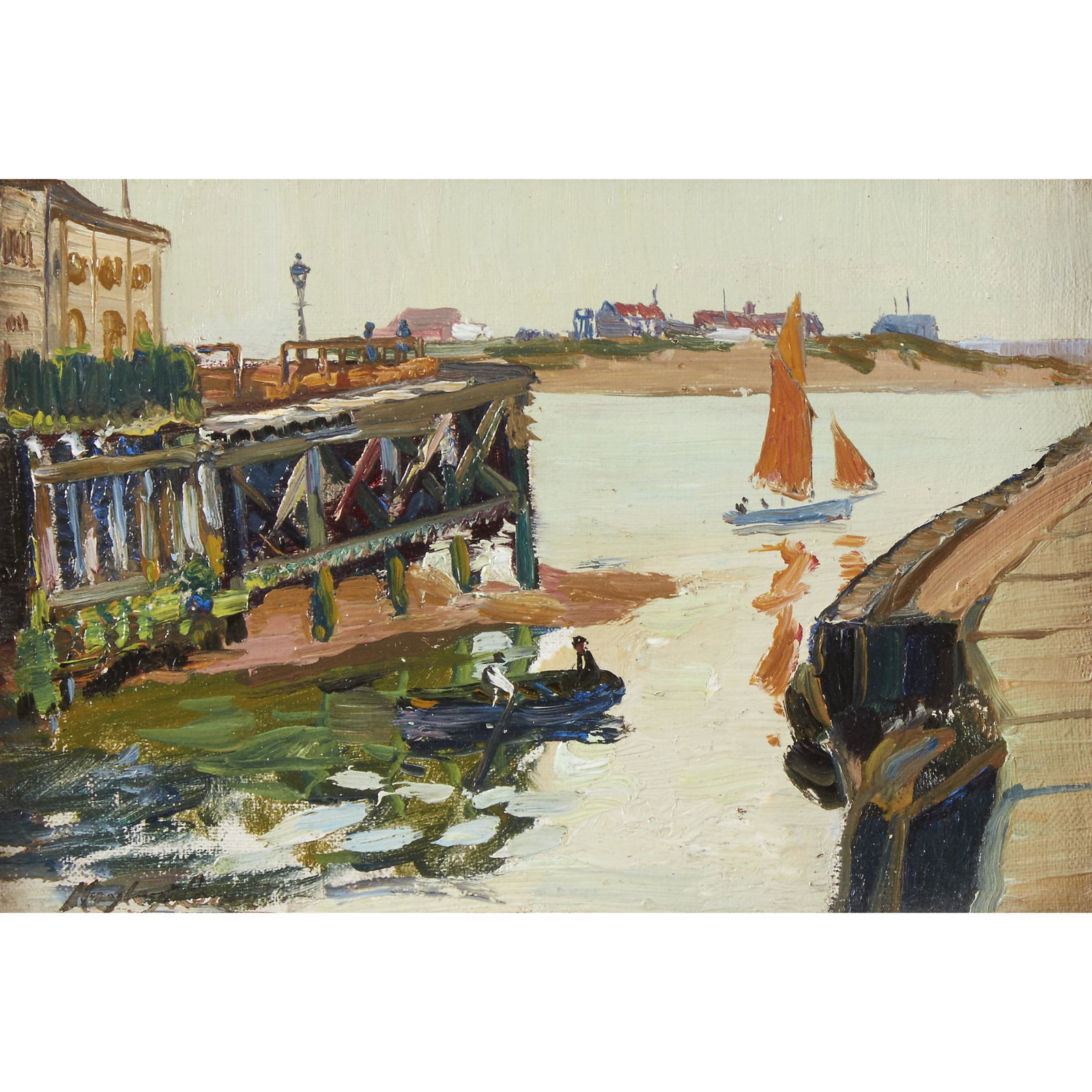 Richard Hayley Lever (American, 1876-1958), , Exmouth,: Richard Hayley Lever (American, 1876-1958) Exmouth, England Signed 'Hayley Lever' (underlined) bottom left; also titled verso, oil on canvas laid down to board 6 1/4 x 9 3/8 in. (15.9 x 23.8cm) Execut