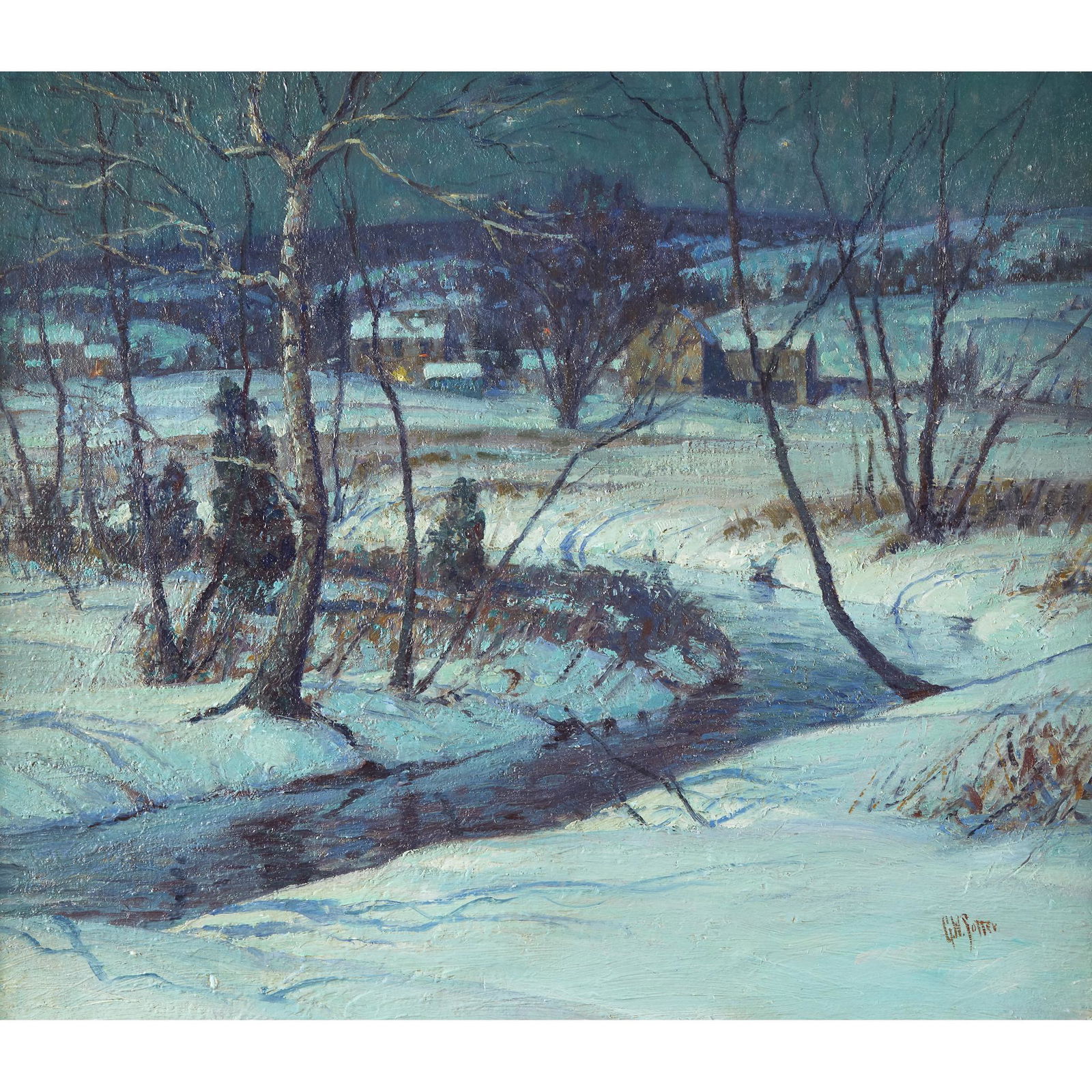 George William Sotter (American, 1879-1953), , Moonlit: George William Sotter (American, 1879-1953) Moonlit Stream, Buckingham; with a Sketch of a House verso Signed 'G.W. Sotter' bottom right, oil on canvas 22 x 26 in. (55.9 x 66cm) Executed in 1928. PROV