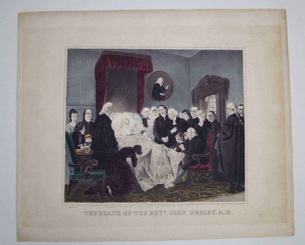 1 piece. Hand-Colored Lithograph. Smith, William,: 1 piece. Hand-Colored Lithograph. Smith, William, publisher. The Death of the Rev'd John Wesley A.M." Philadelphia, n.d. [ca. 1850]. After A. Biggerman. 13 x 15 inches; 330 x 381 mm - image size; 19 x