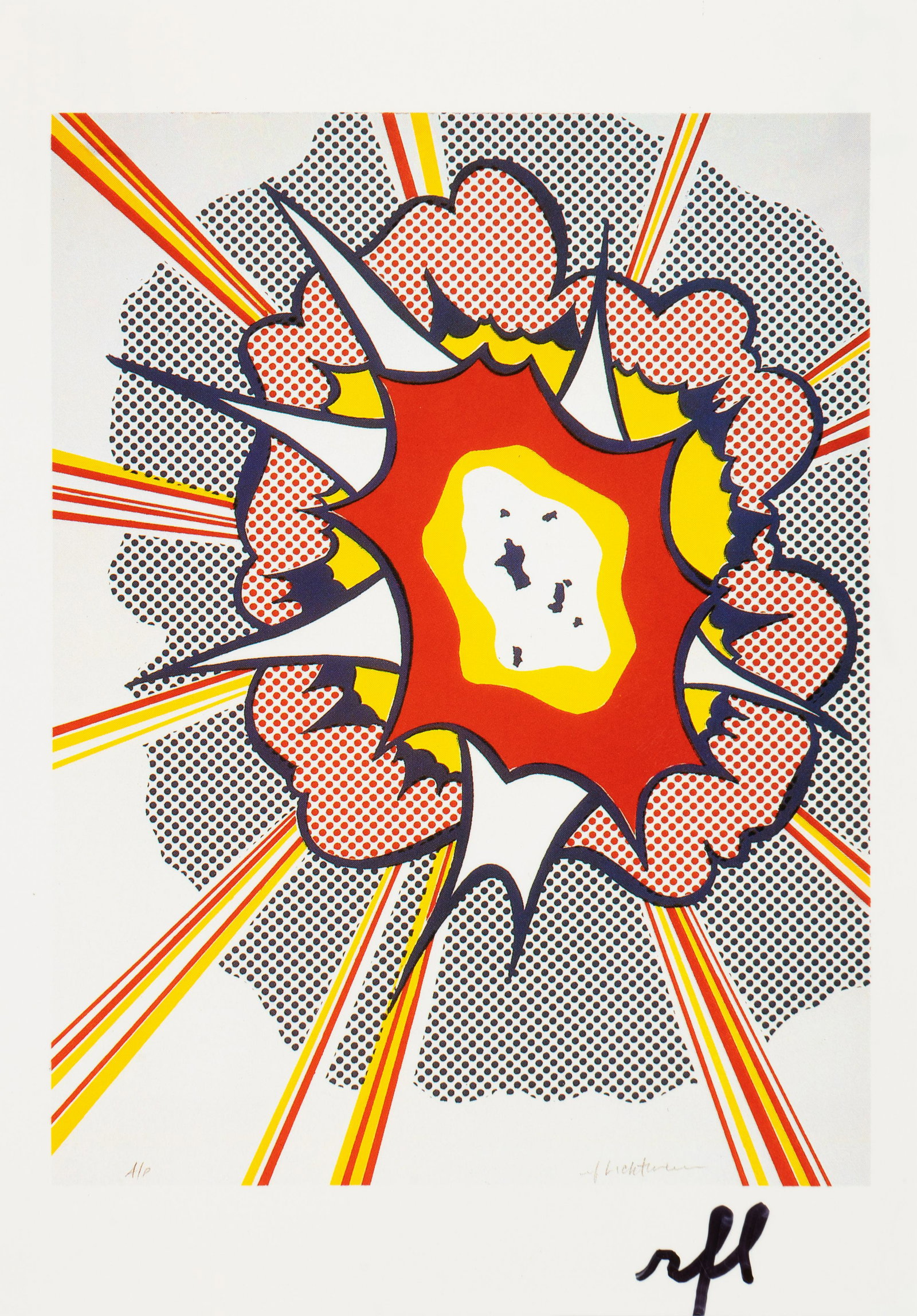Roy Lichtenstein (American, 1923-1997) Explosion;: Roy Lichtenstein (American, 1923-1997) Explosion; Postcard Edition color offset lithograph/ postcard initialed (lower right), signed (verso) 5 7/8 x 4 1/8 inches