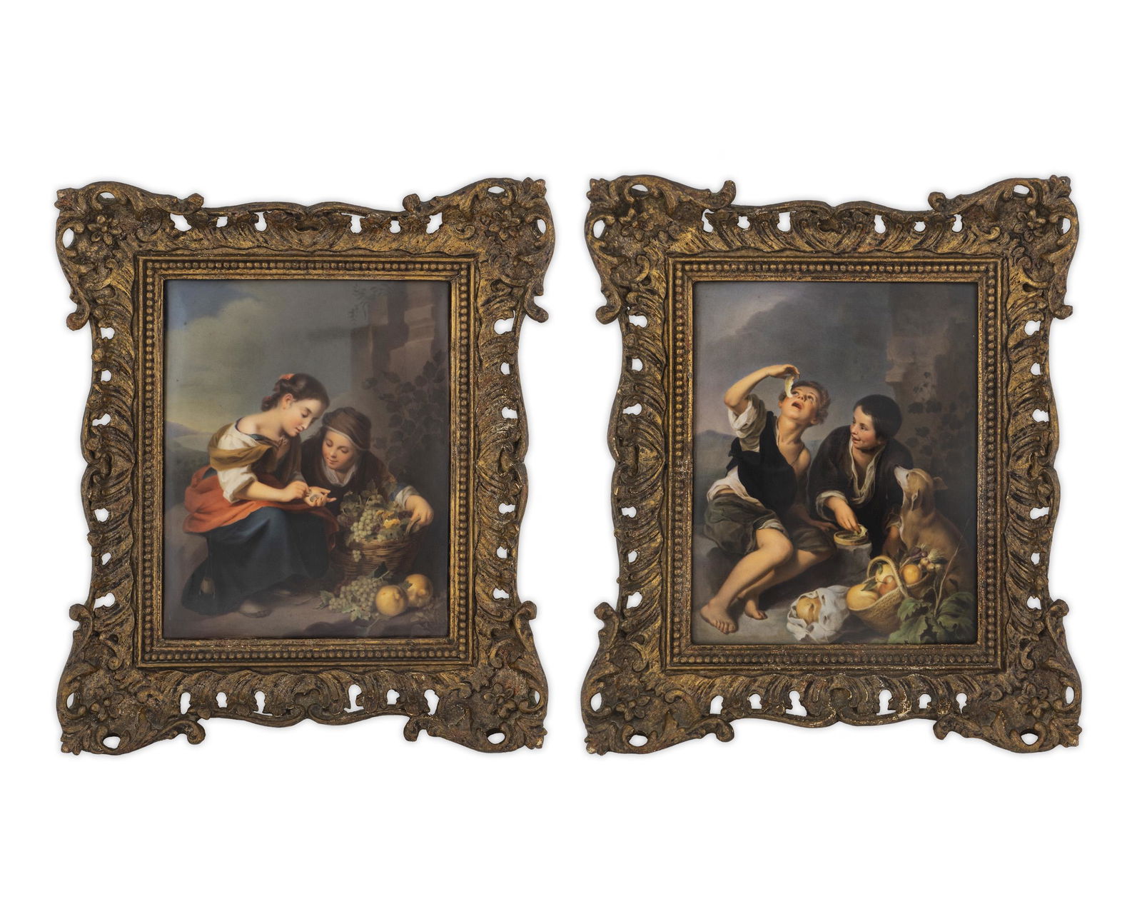 A Pair of KPM Porcelain Plaques: The Little Fruit: A Pair of KPM Porcelain Plaques: The Little Fruit Seller and Boys Eating Grapes and Mellon AFTER ESTEBAN MURILLO (SPANISH, 1617-1682), CIRCA 1900 The fruit sellers depicted as two young girls before a