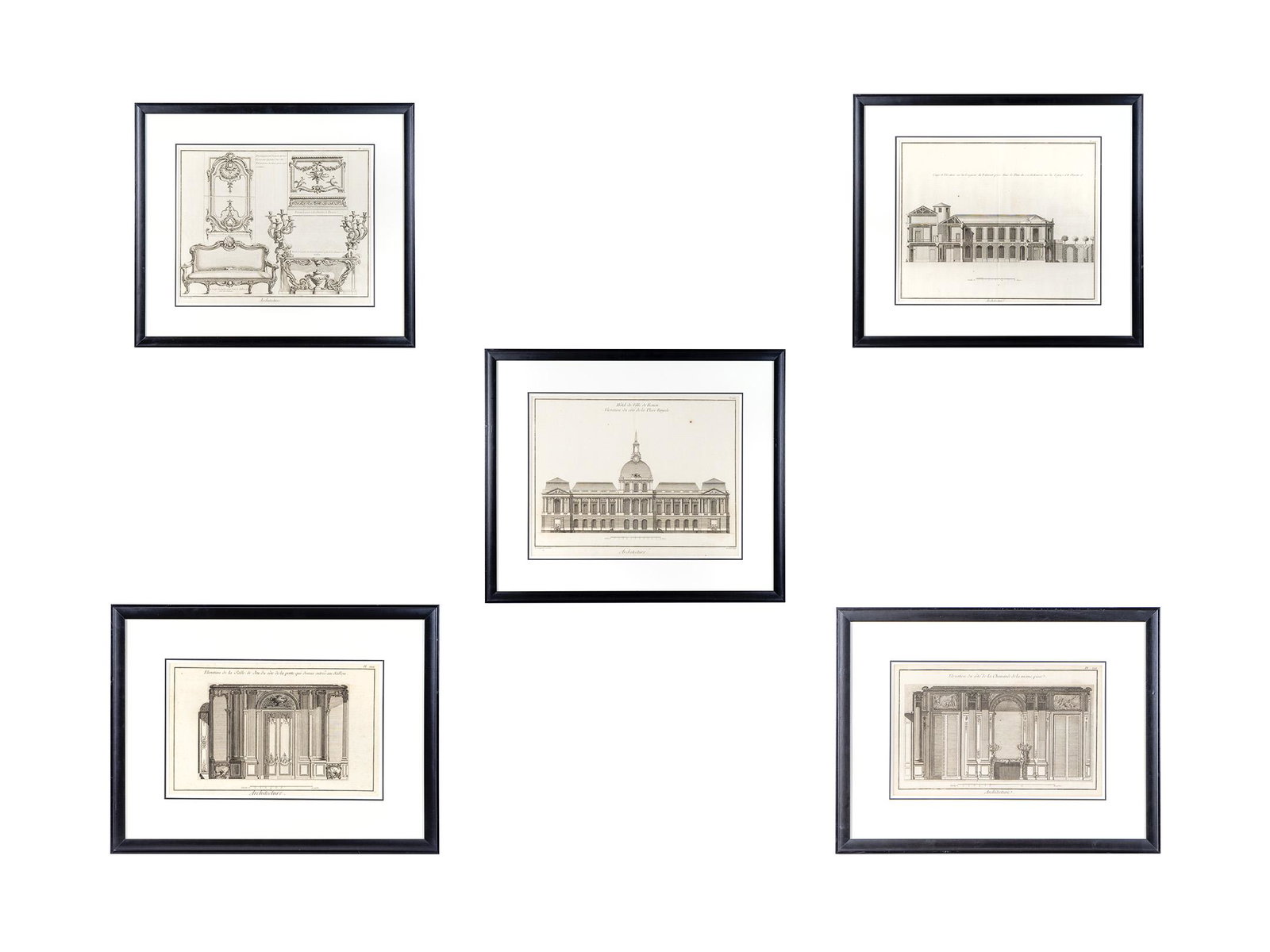 Five French Architectural Engravings 1, 2 and 5: 21 x: Five French Architectural Engravings Comprising: (1) Architecture: Hotel de Ville de Rouen, Elevation du cote de la Place Royale, Plate 22; (2) Architecture: Coupe et Elevation sur la Longueur du Ba
